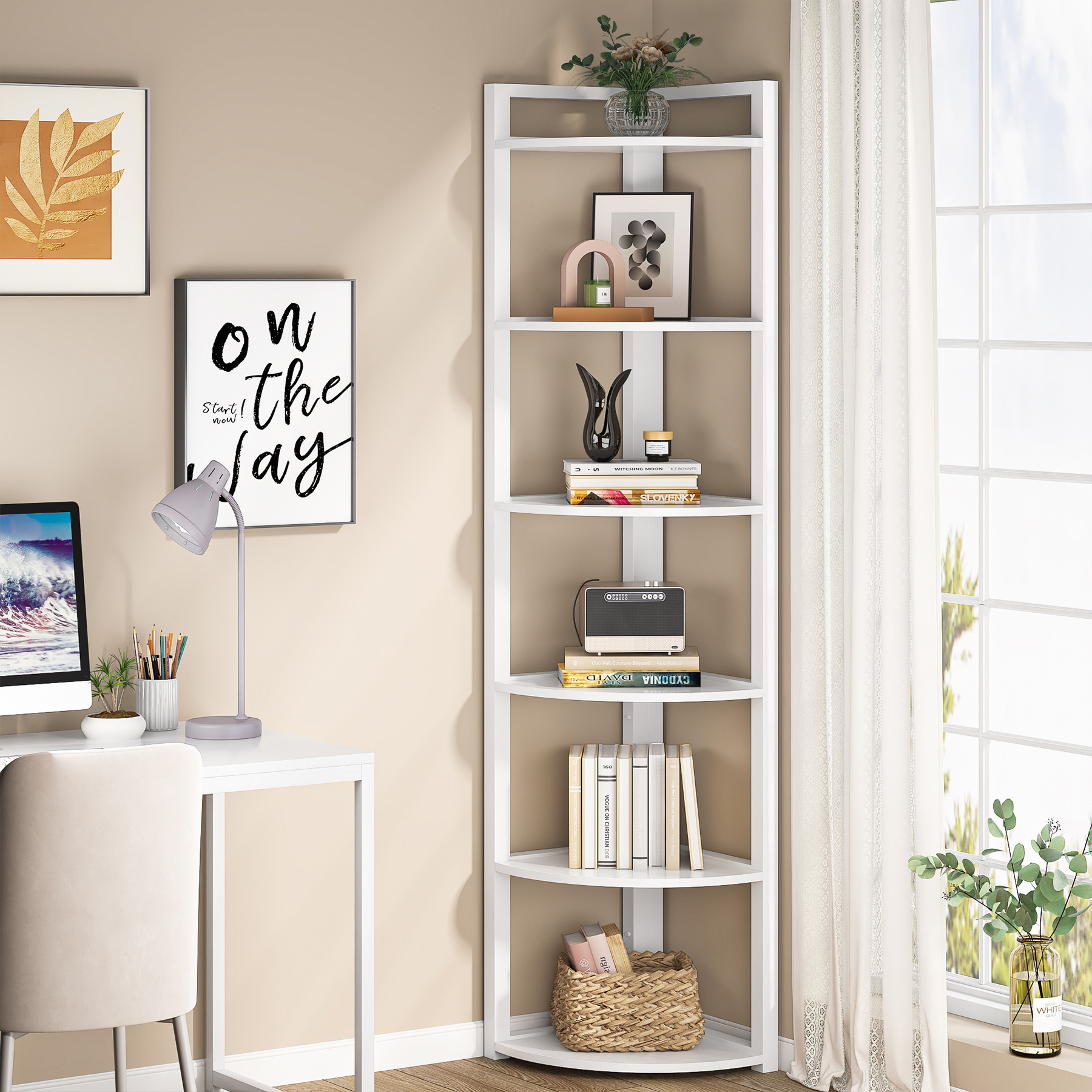 Factory direct open-back minimalist white 6 tier wooden storage corner shelving display shelf units standing type