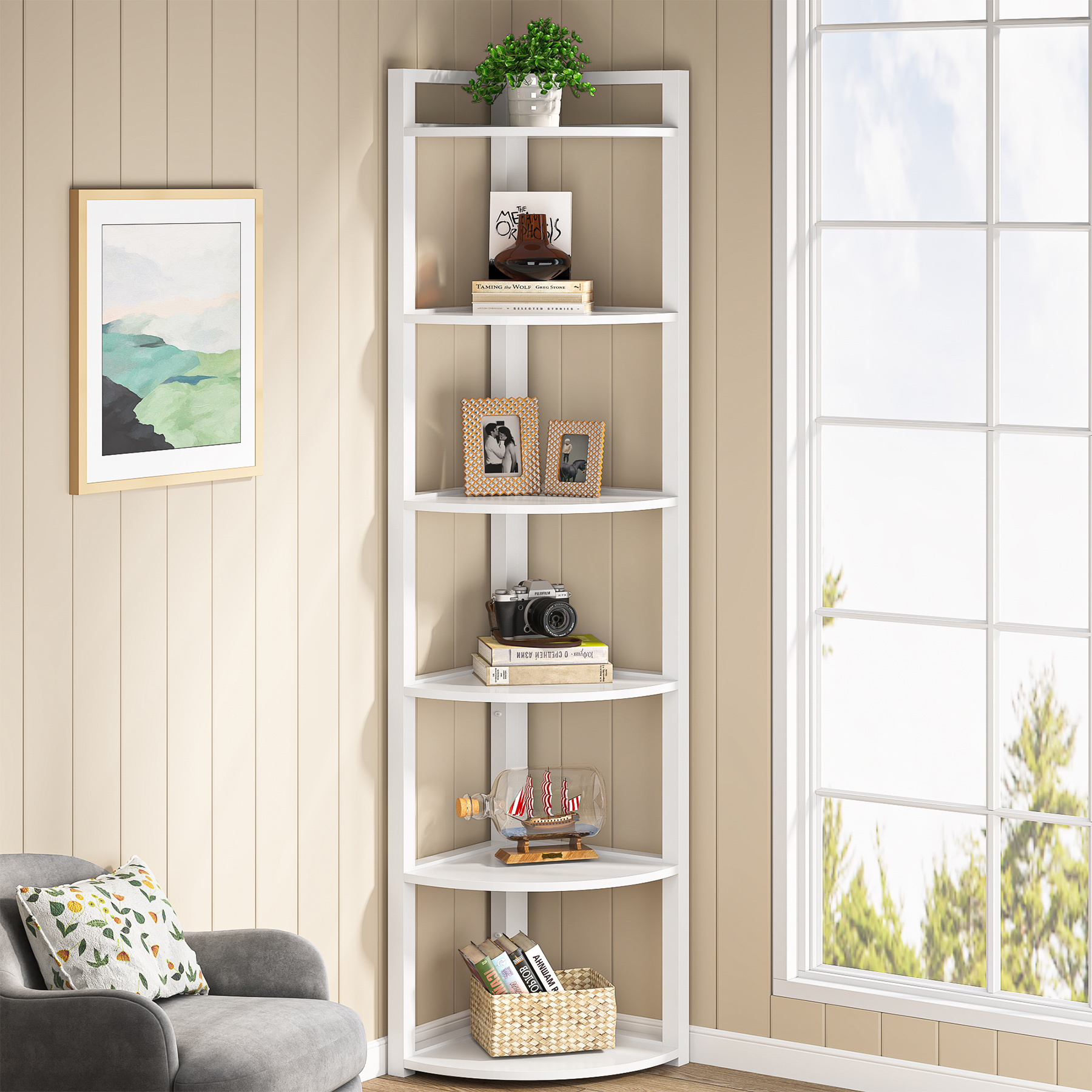 Factory direct open-back minimalist white 6 tier wooden storage corner shelving display shelf units standing type