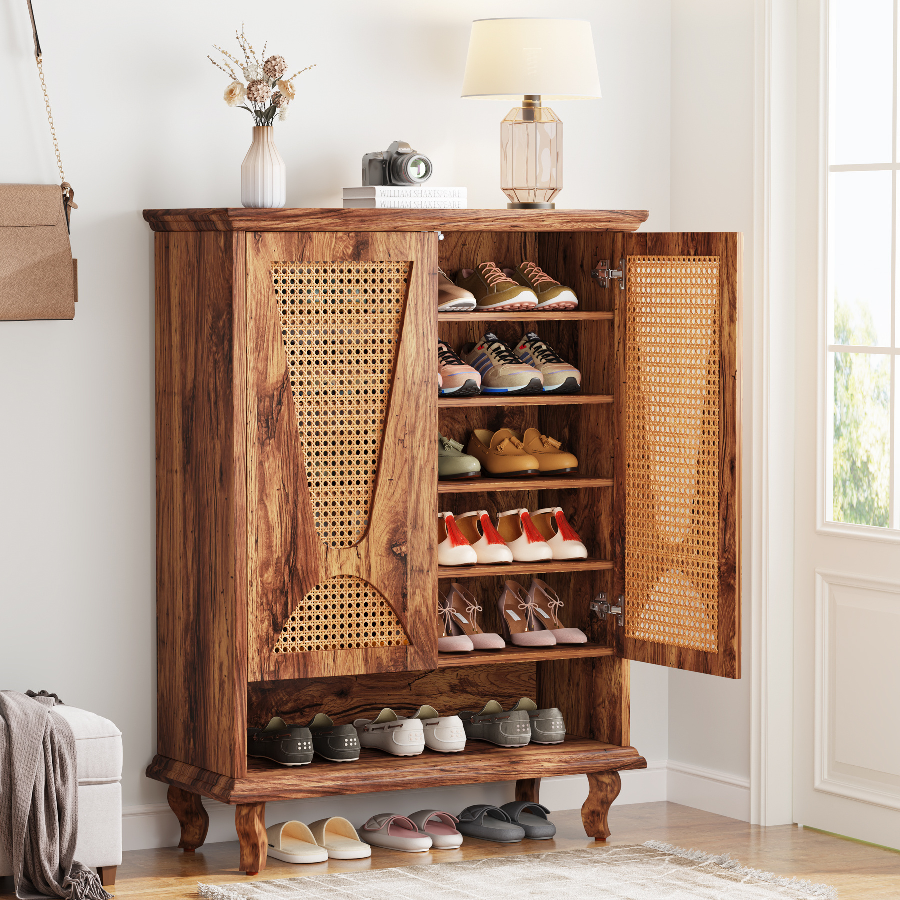 Rattan Shoe Display Rack Entryway Organizer Storage Cabinet Shoes Racks With Door