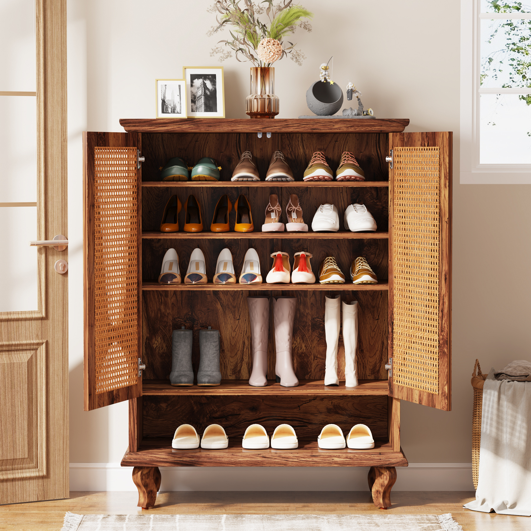 Rattan Shoe Display Rack Entryway Organizer Storage Cabinet Shoes Racks With Door