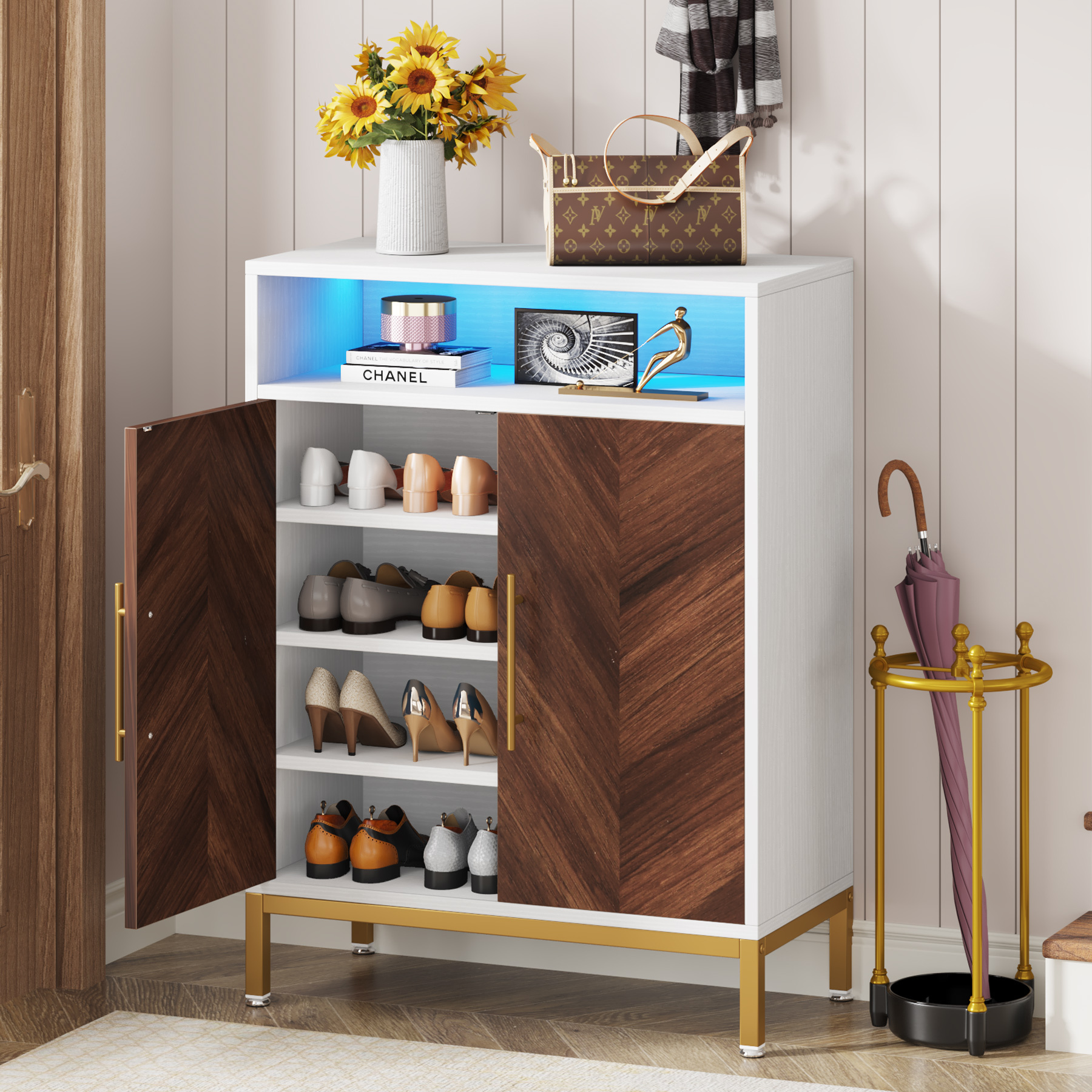 New Design 5-Tier 16 Pairs Entryway Shoe Storage Cabinet with Led Light