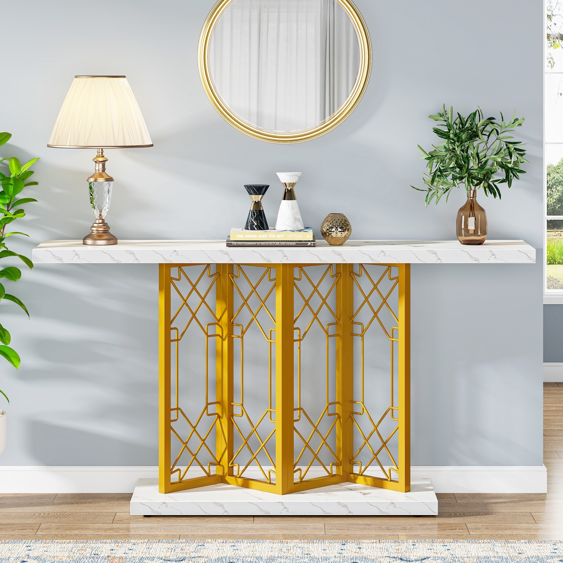 Tribesigns 63 Inches Front Entry Table with Sturdy Geometric Base Narrow Long Faux Marble Foyer Sofa Console Table for Hallway