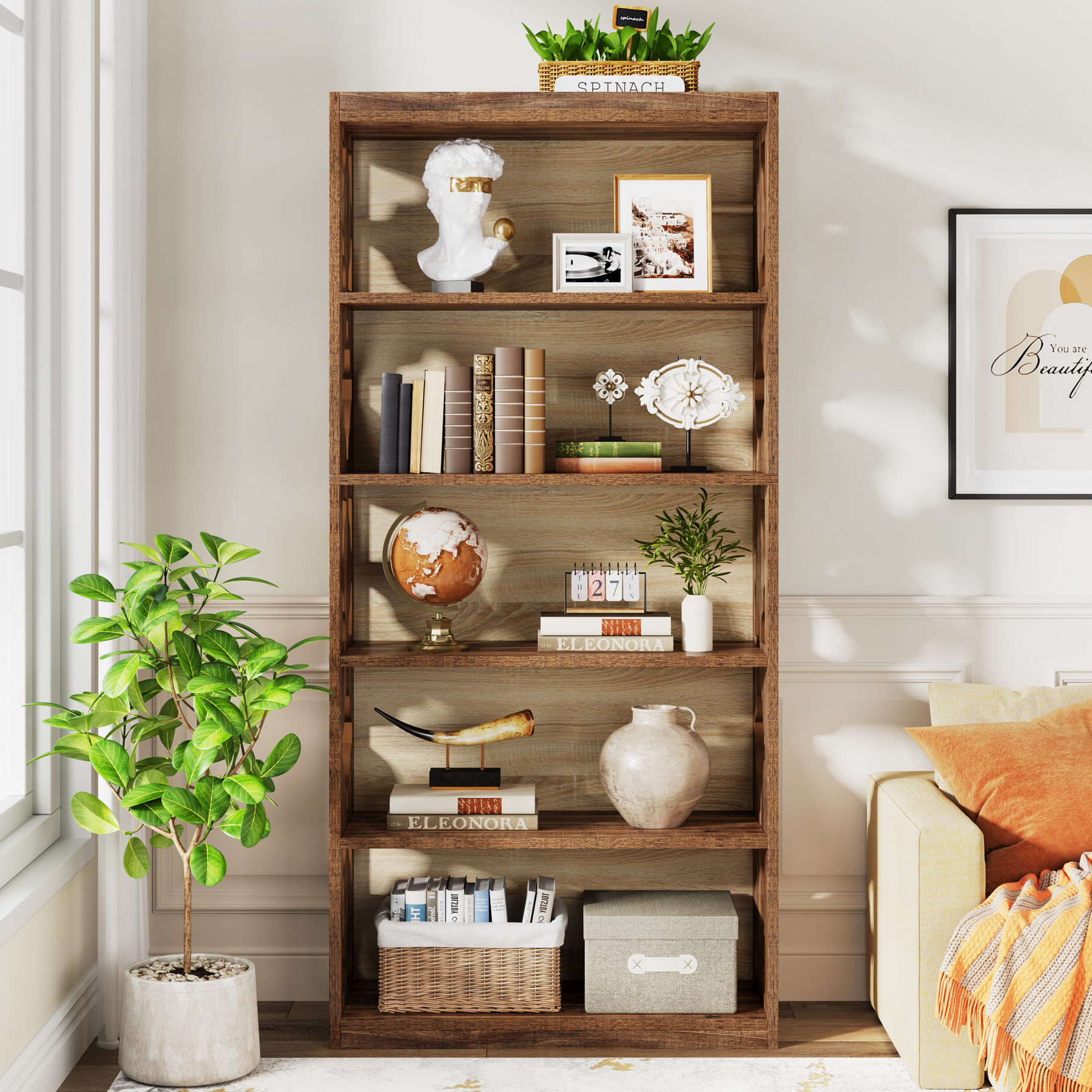 2024 new living room furniture multi-functional open 6-tier shelves wooden shelving storage unit for books and home decor