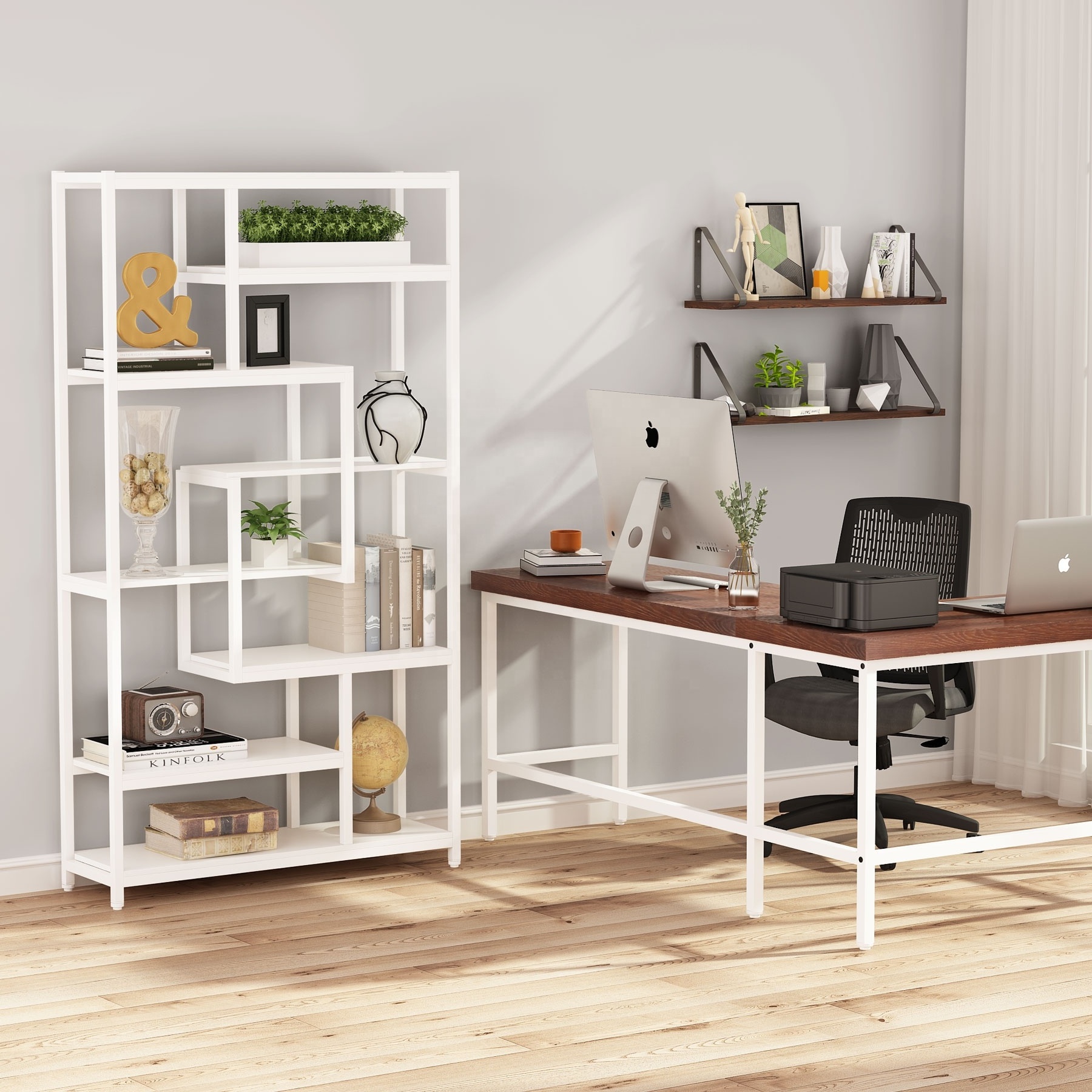 Metal Frame scaffold Industrial White Standing Modern Office Bookcase with 8 Tier Open Back Book Shelf Unit