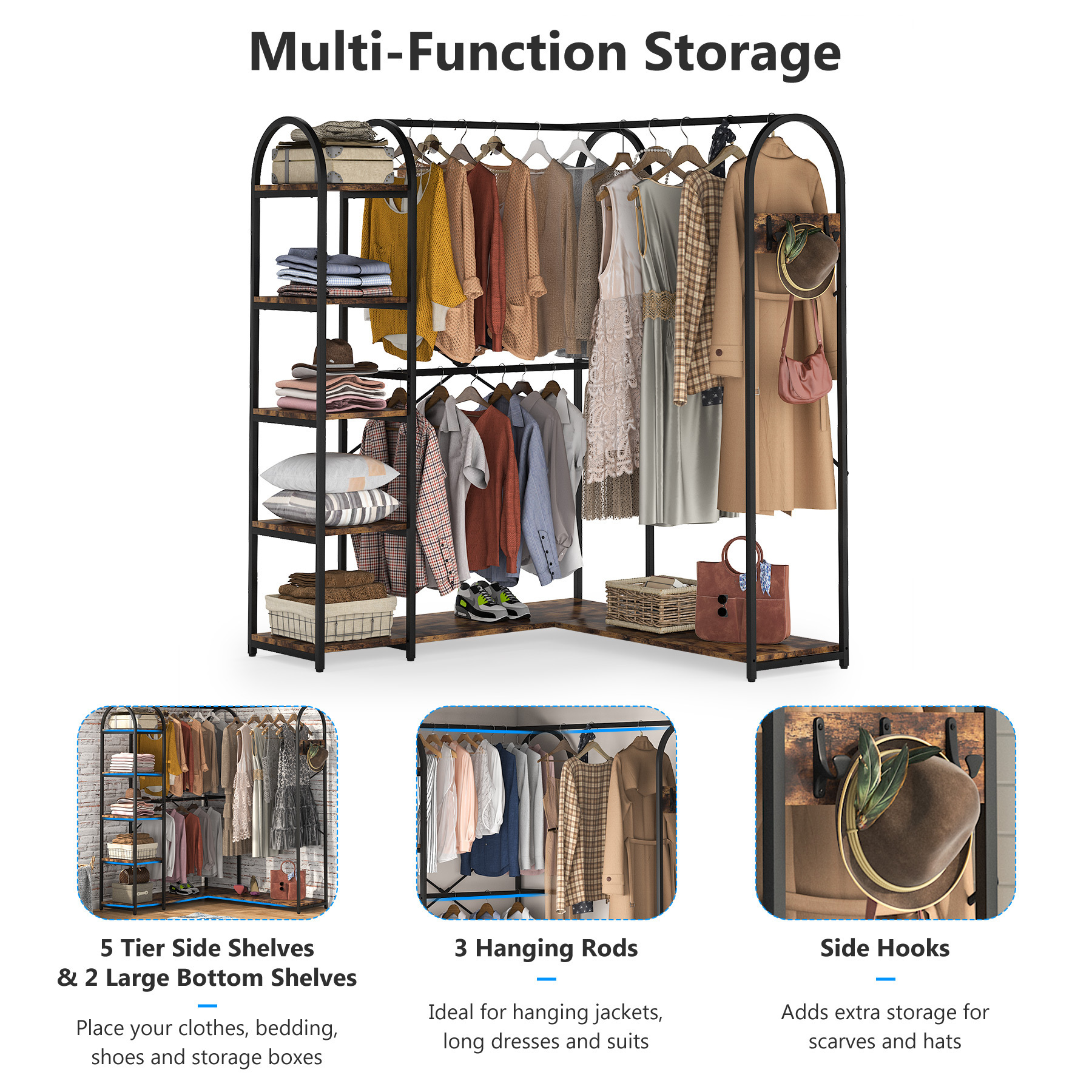 Wooden Closet Hanging Organizer Garment Rack L Shape Clothes Rack Corner With Storage Shelves