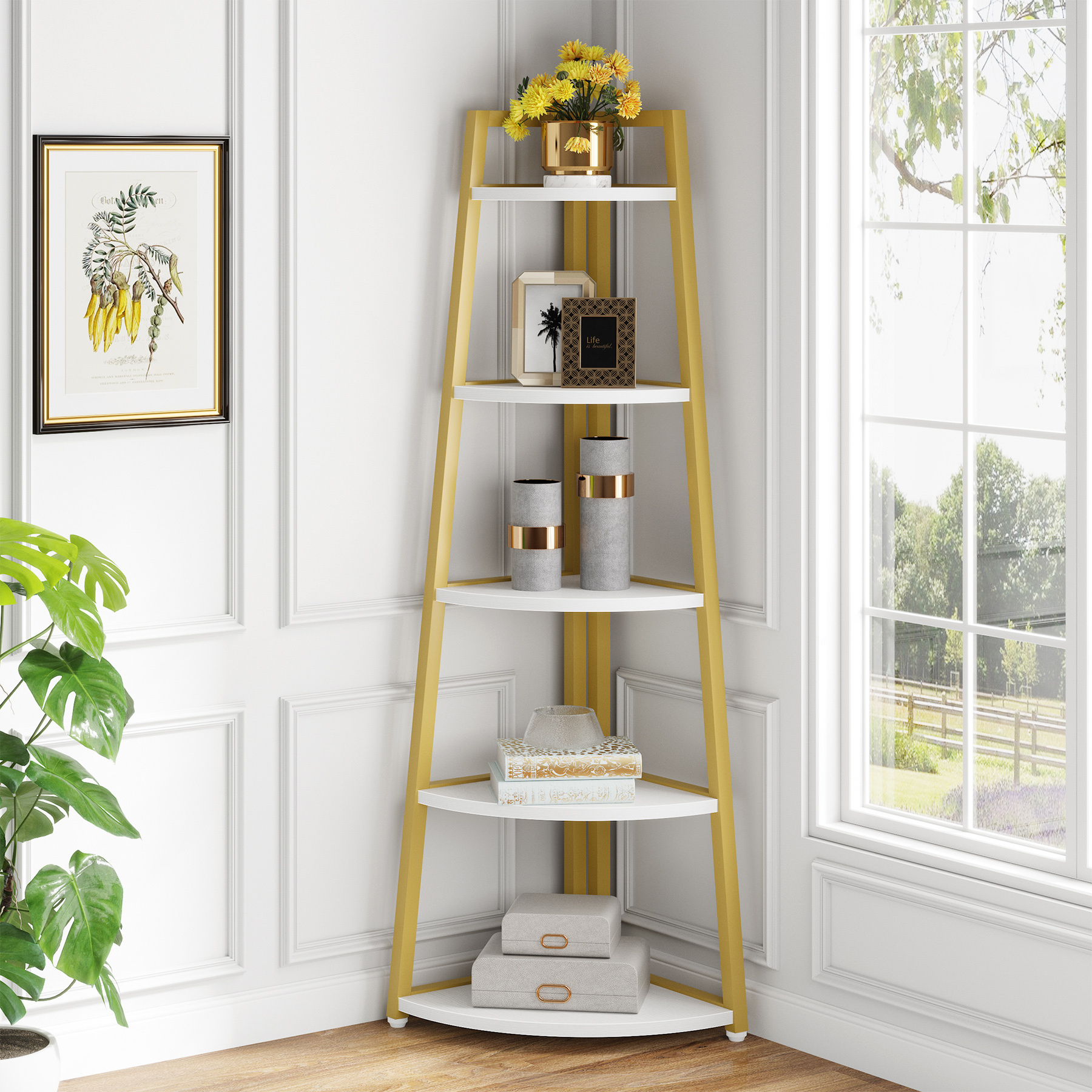 Tribesigns furniture White Gold Corner Shelf Bookshelves 5 tier Bookcase ladder Storage Rack Plant Stand for Small Space