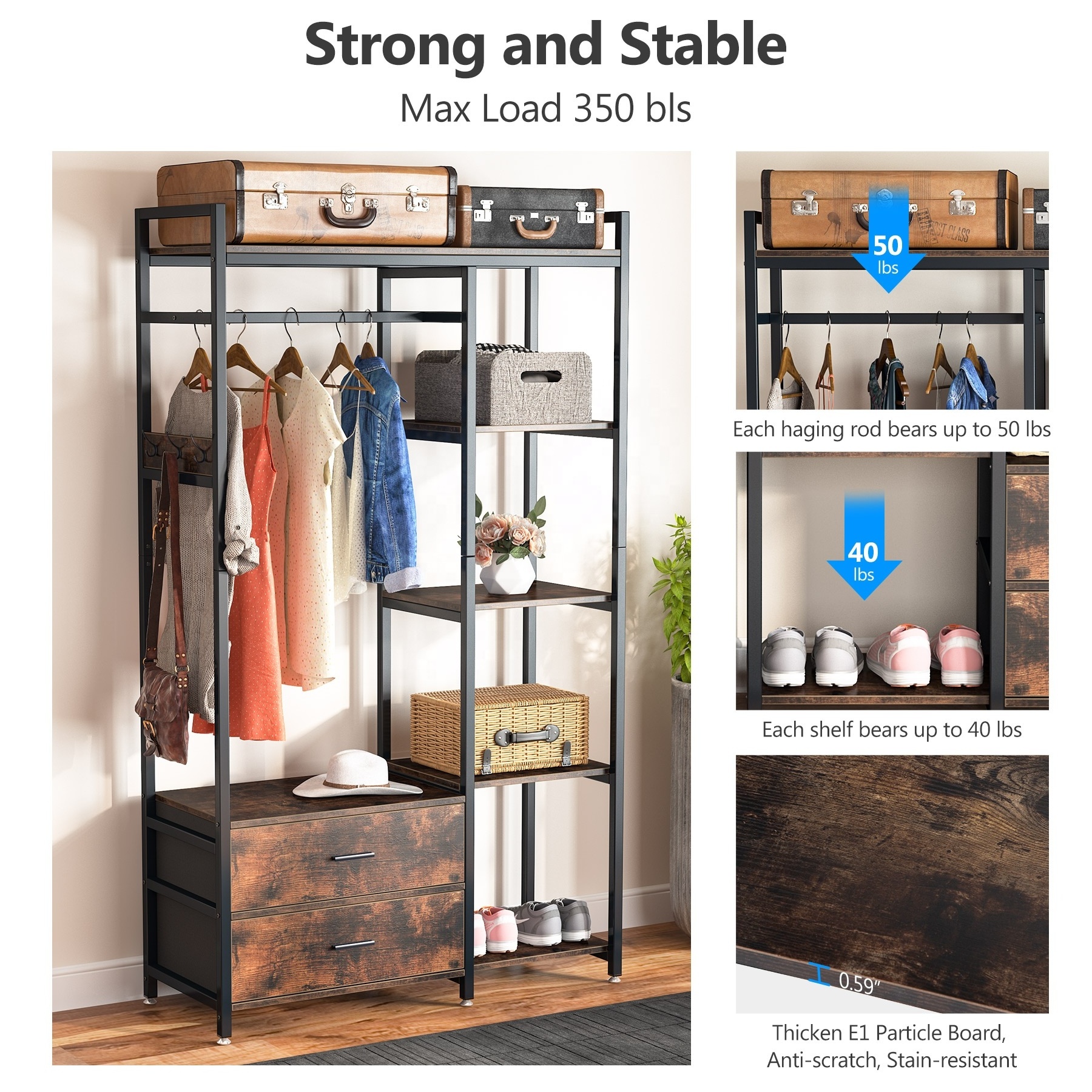 Tribesigns multifunctional free standing black clothing rack with drawers for hanging clothes