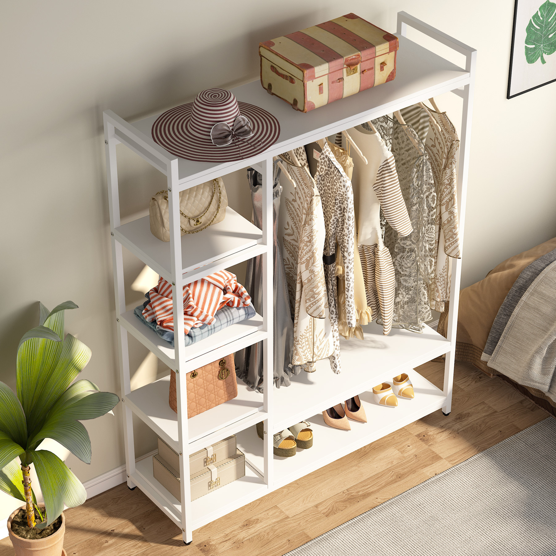 Free-Standing Clothes Closet Organizer Portable Garment Rack with 6 Tier Shelves and Hanging Rod