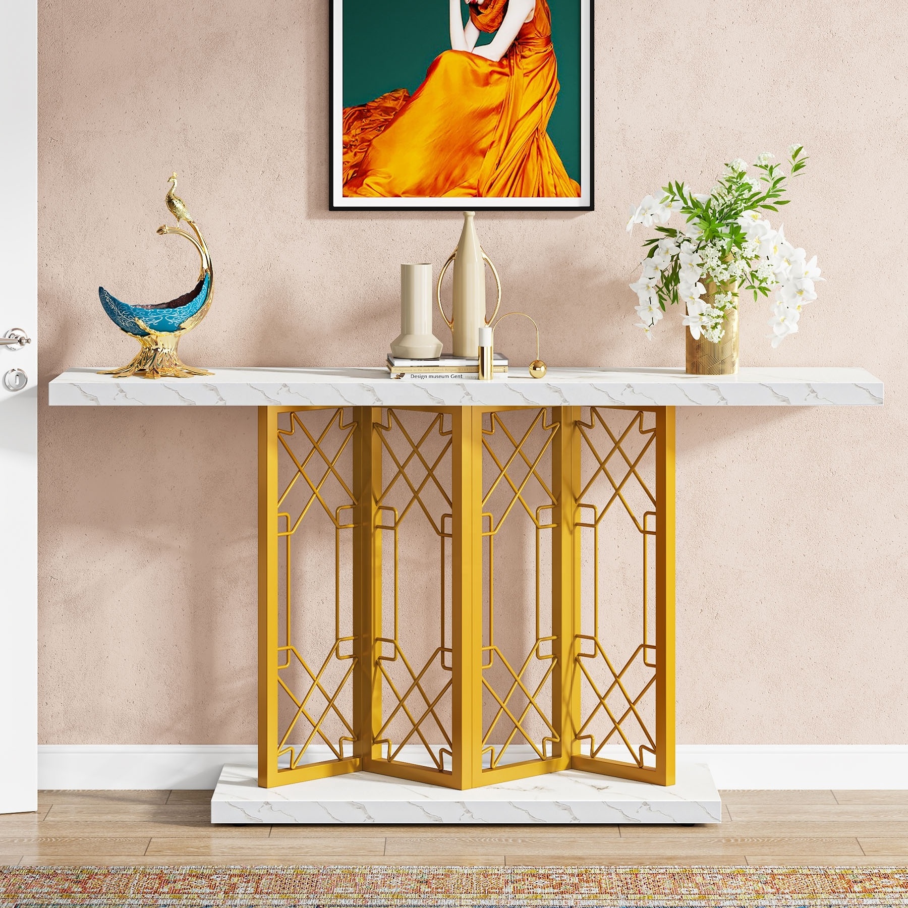 Tribesigns 63 Inches Front Entry Table with Sturdy Geometric Base Narrow Long Faux Marble Foyer Sofa Console Table for Hallway