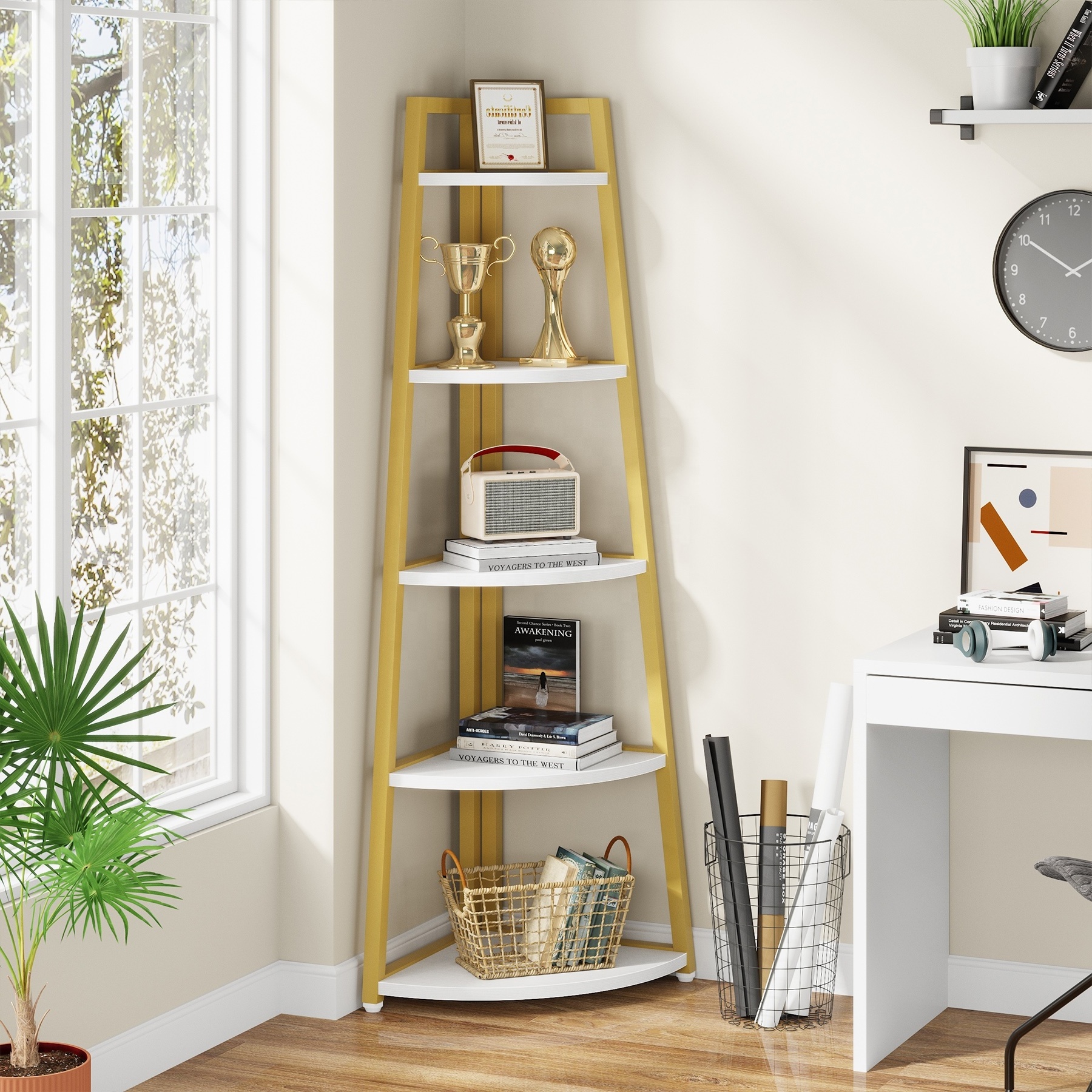 Tribesigns furniture White Gold Corner Shelf Bookshelves 5 tier Bookcase ladder Storage Rack Plant Stand for Small Space