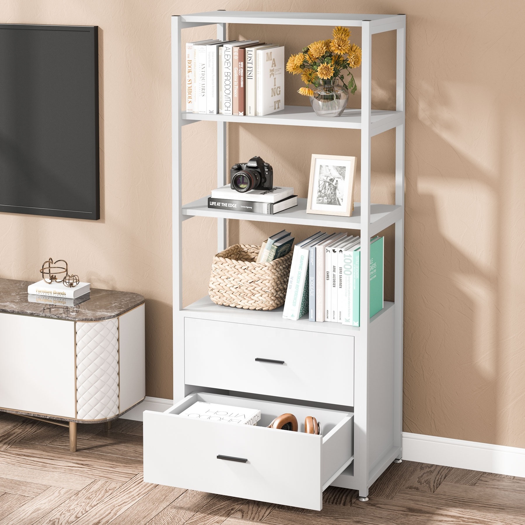 Modern Open Steel Frame Bookcase 4-Tier Bookshelf Slim Shelving Etagere Unit for Bedroom Home Office