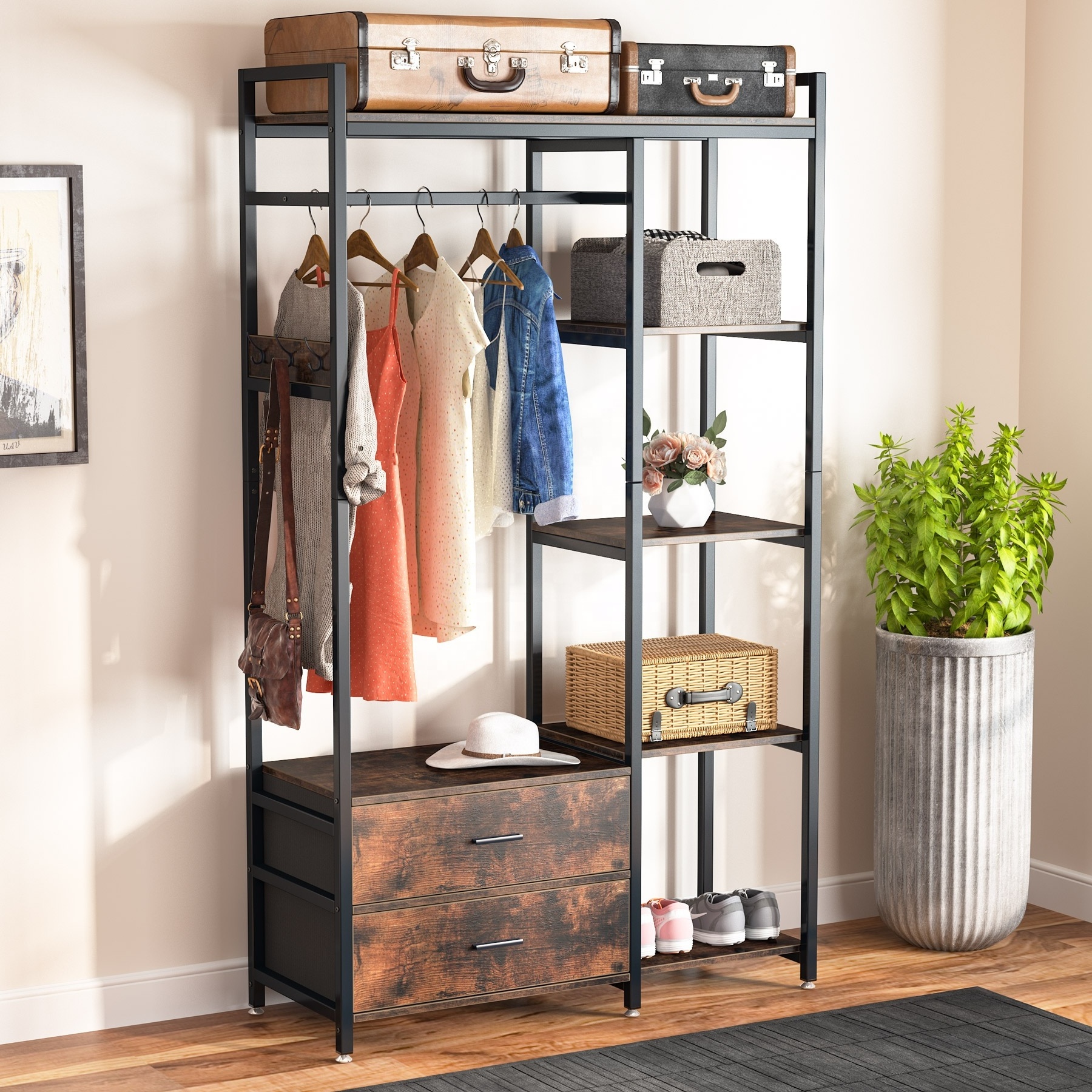 Tribesigns multifunctional free standing black clothing rack with drawers for hanging clothes