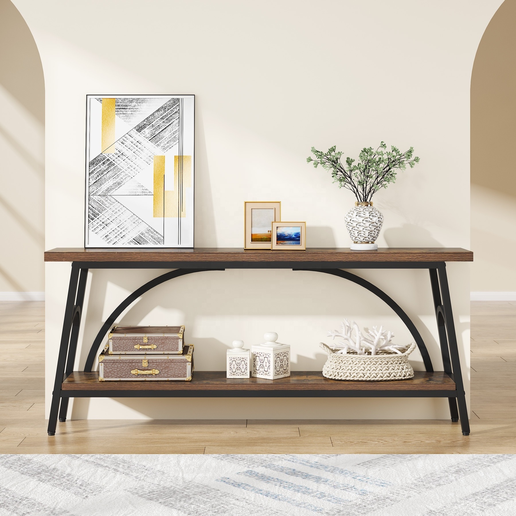 Tribesigns 2 Tier Wood Shelves Extra Long TV Console Table Narrow Entryway Tables Behind Couch Sofa for Entryway Living Room