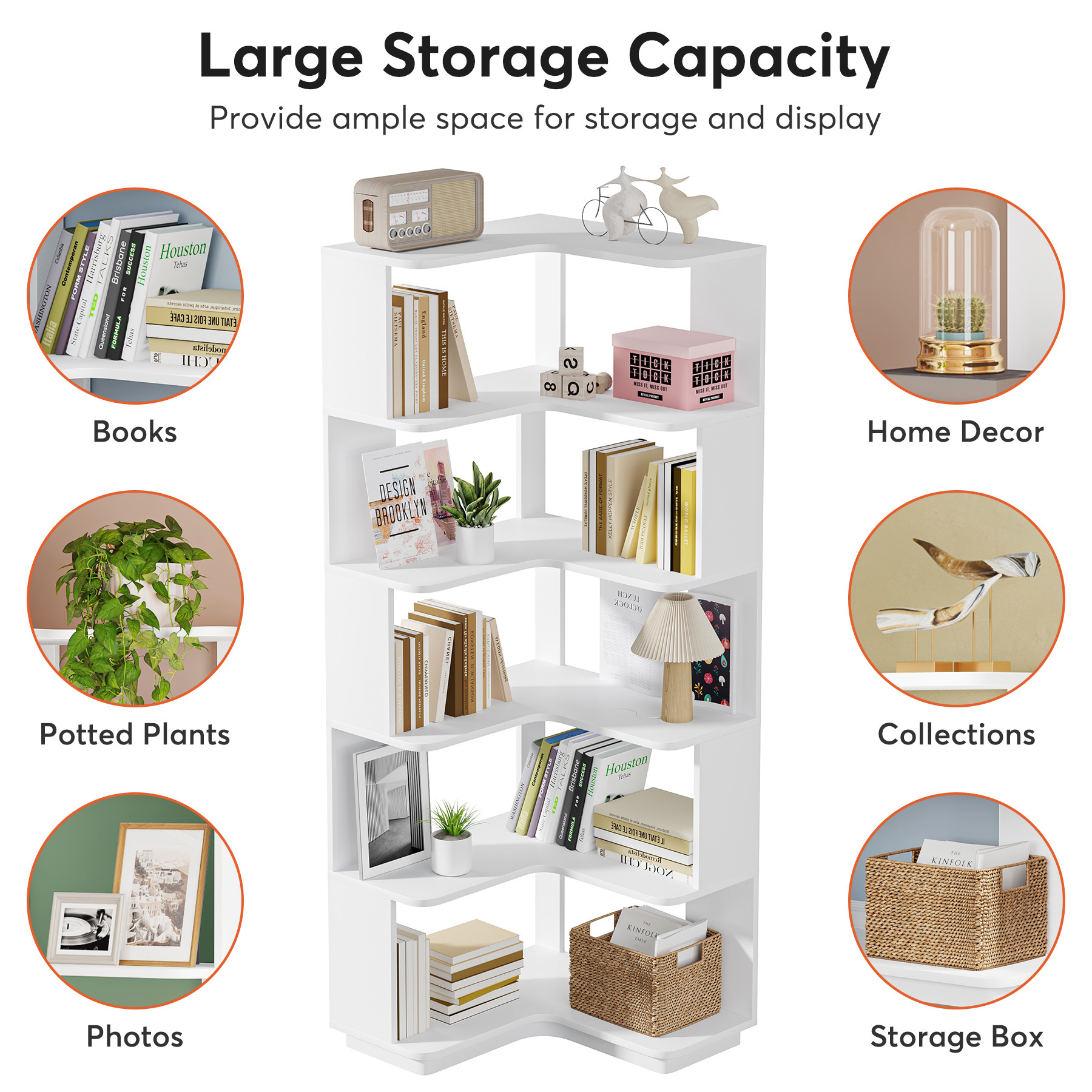 Tribesigns L-shaped Industrial Corner Bookcases with Anti-Drop Panel 6-Tier Wooden Corner Book shelf