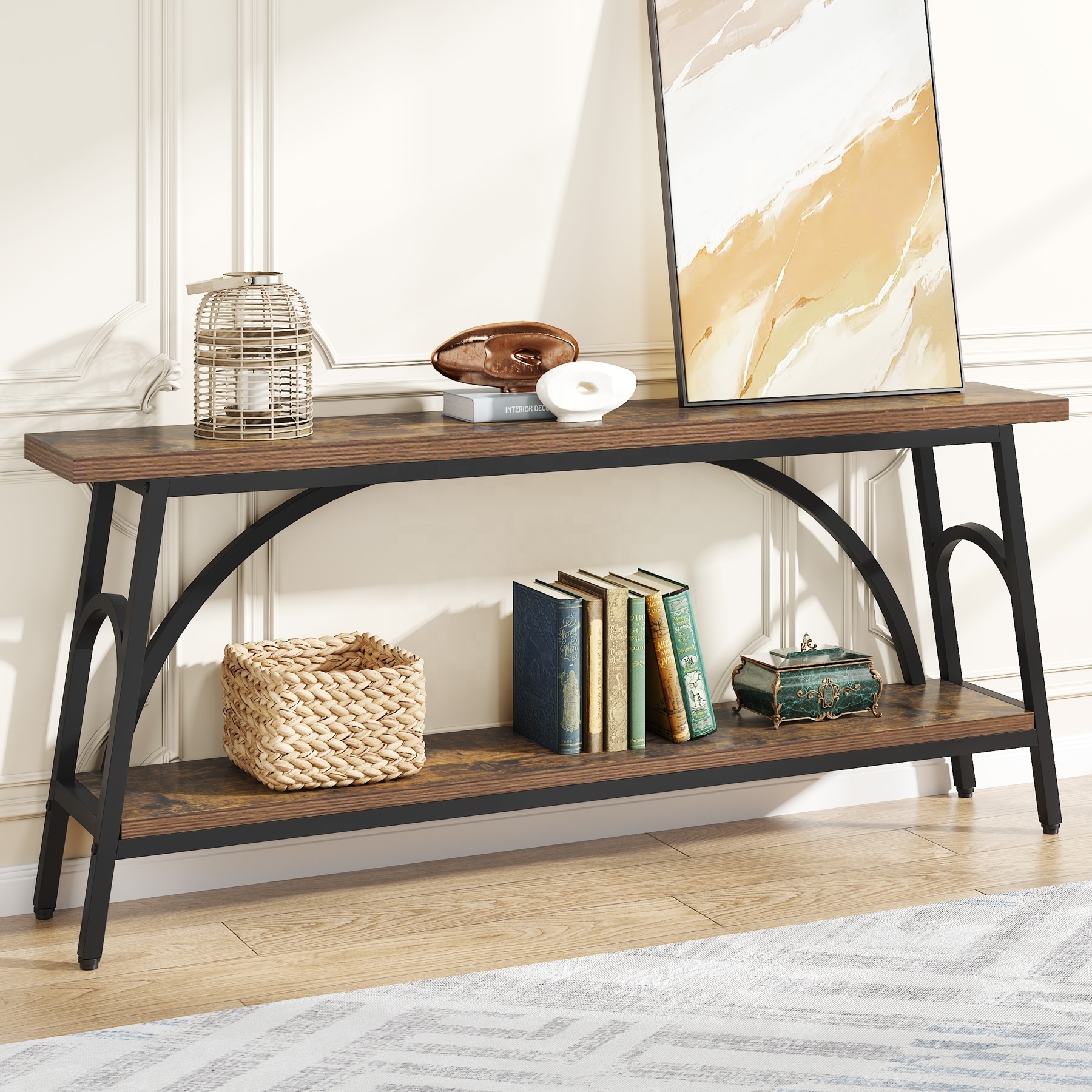 Tribesigns 2 Tier Wood Shelves Extra Long TV Console Table Narrow Entryway Tables Behind Couch Sofa for Entryway Living Room