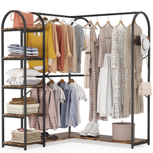 Tribesigns Rustic Wood L-Shaped Clothes Rack, Corner Garment Rack with Storage Shelves Hotel Portable Closet Organizer