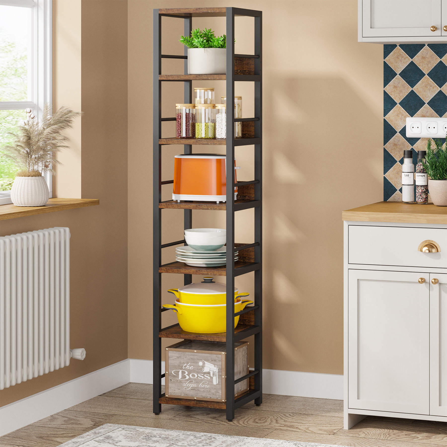 Tribesigns Wooden 6 Tier Space Saving Corner Storage and Display Rack Shelf for Living Room Bathroom Kitchen