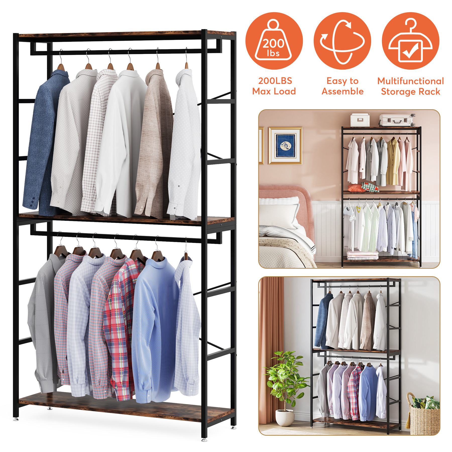 Tribesigns Bedroom Furniture Wardrobe Garment Rack with Open Shelves Clothing Storage Rack with Double Hanger Rail