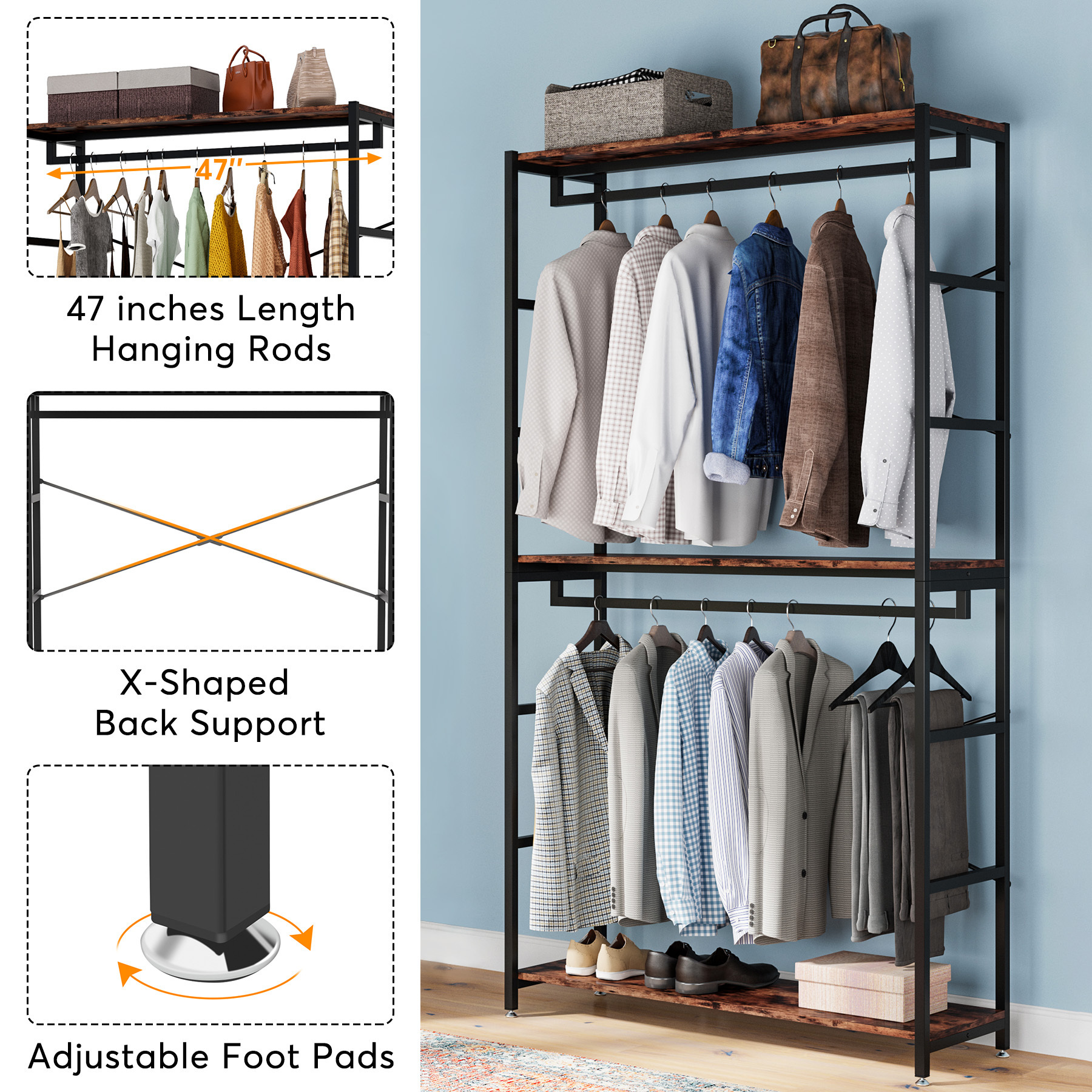 Tribesigns Double Rod Closet Organizer Heavy Duty Woodem Clothing Storage Garment Racks for Living room