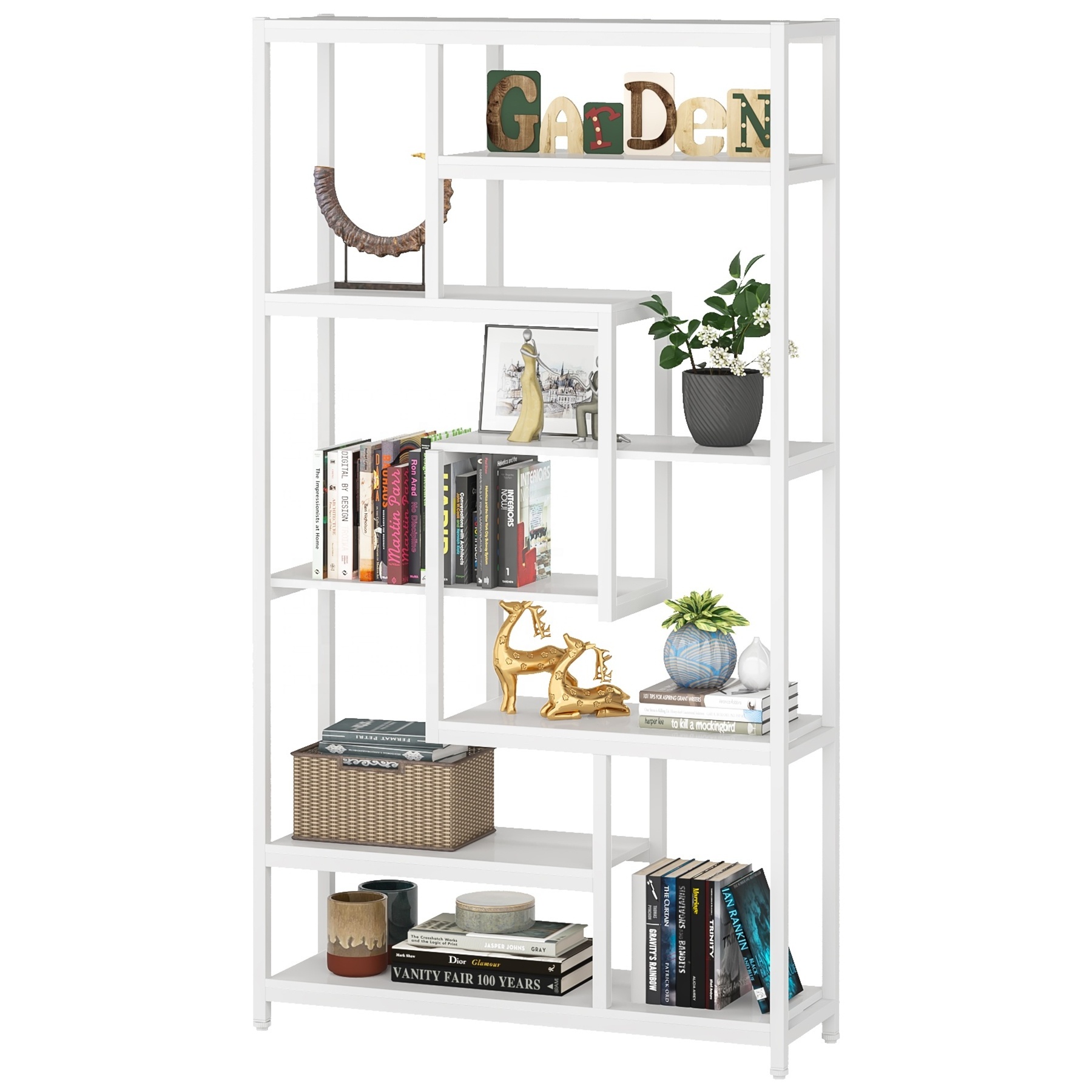 Metal Frame scaffold Industrial White Standing Modern Office Bookcase with 8 Tier Open Back Book Shelf Unit