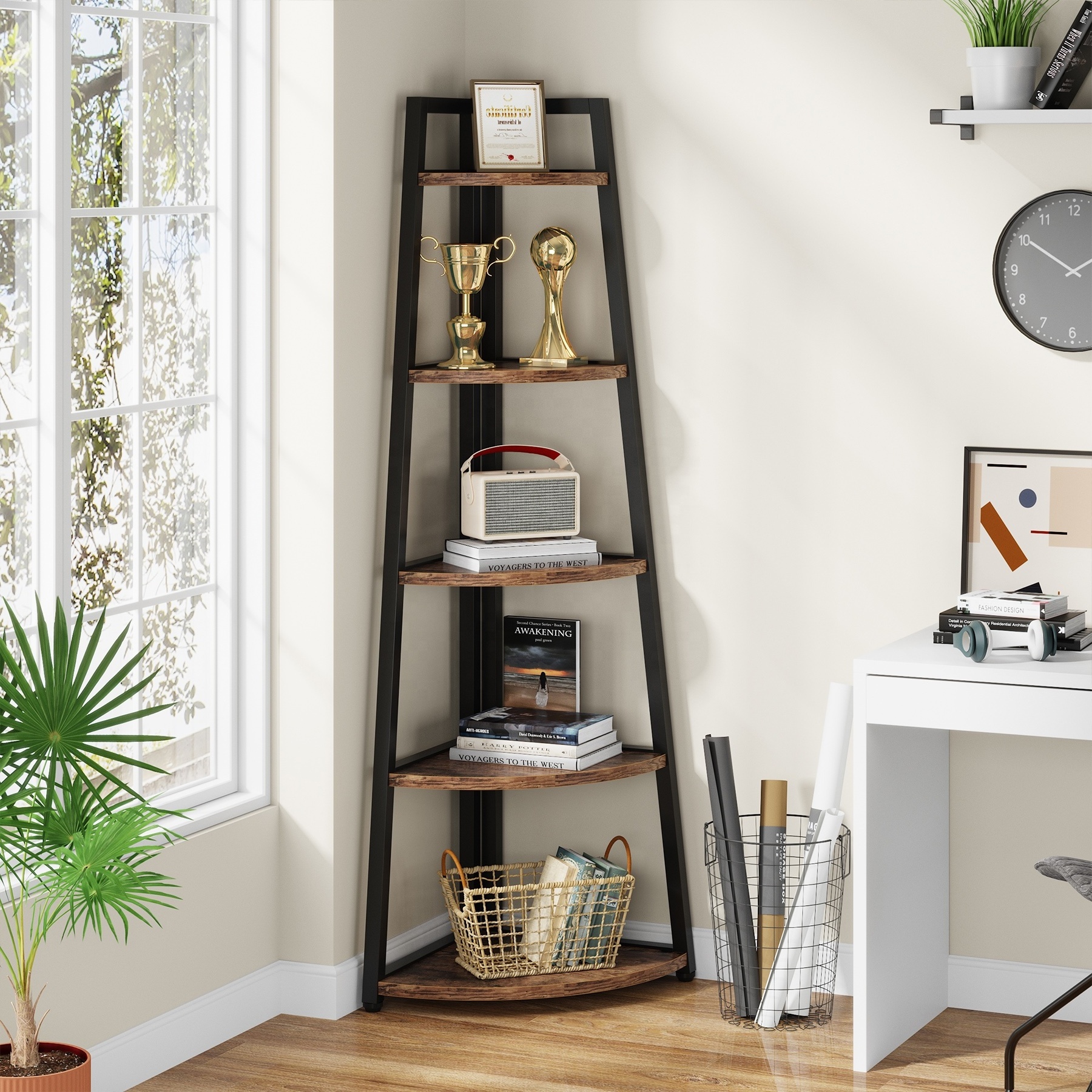 Tribesigns Industrial 70 inch Tall Corner Ladder Shelf 5 Tier Rustic Corner Bookshelf Bookcase Plant Stand for Living Room