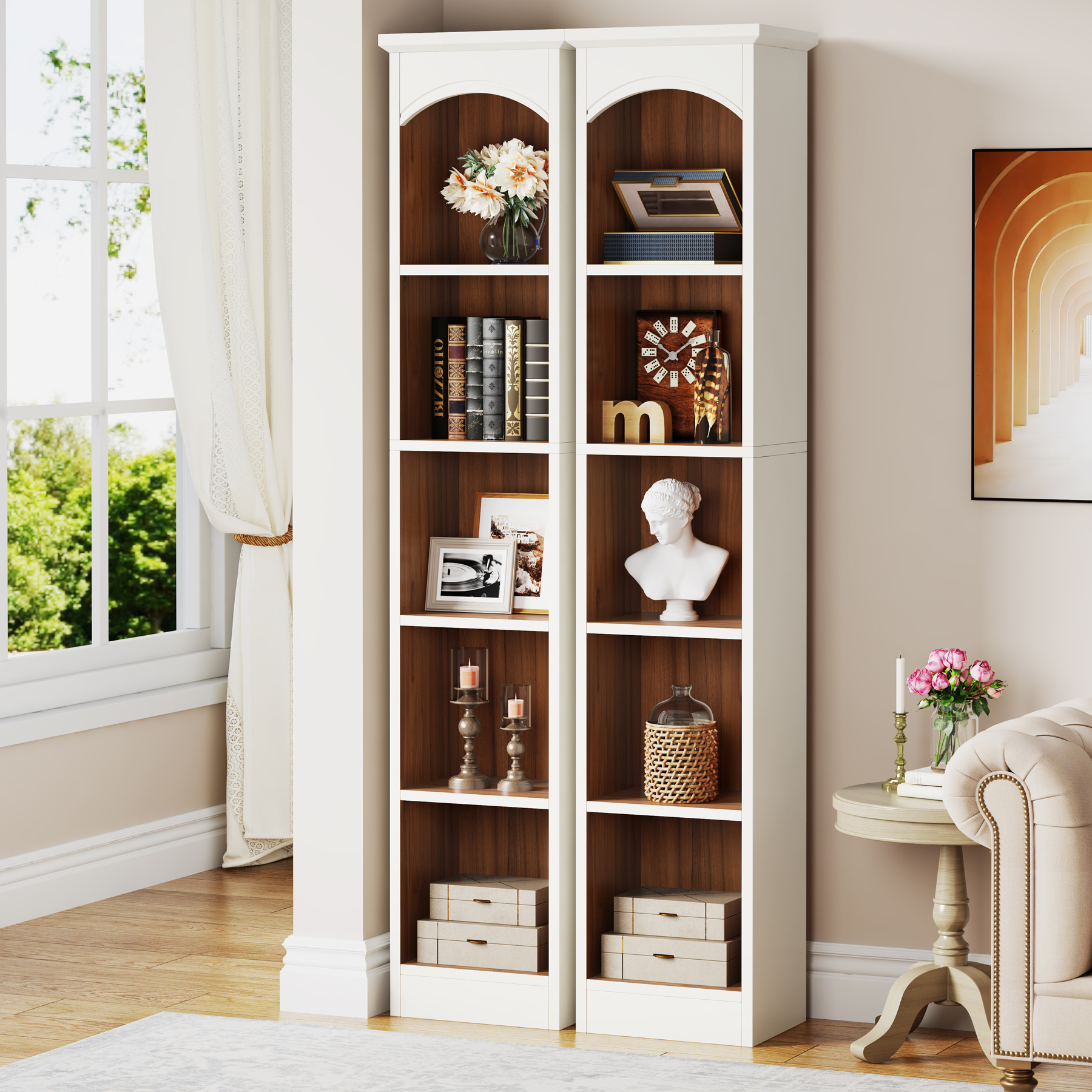 Modern classic white narrow tall 5 tier wooden display bookcase with open storage shelves floor standing type