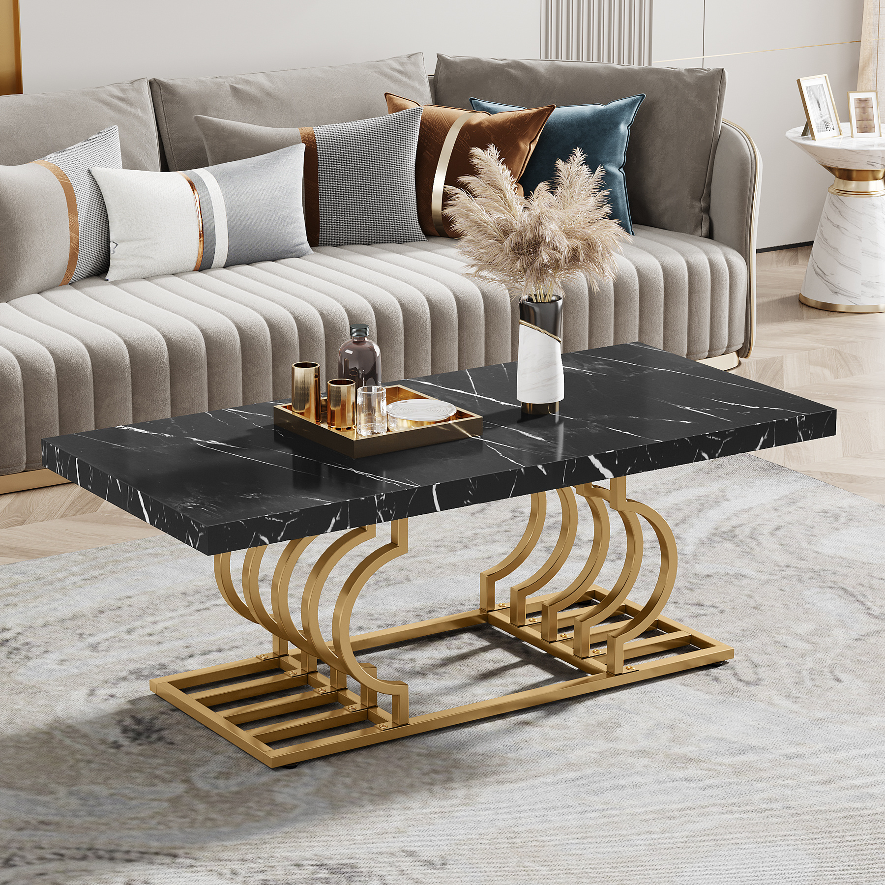 Contemporary modern luxury rectangular 120cm wooden black faux marble top coffee table with gold geometric frame