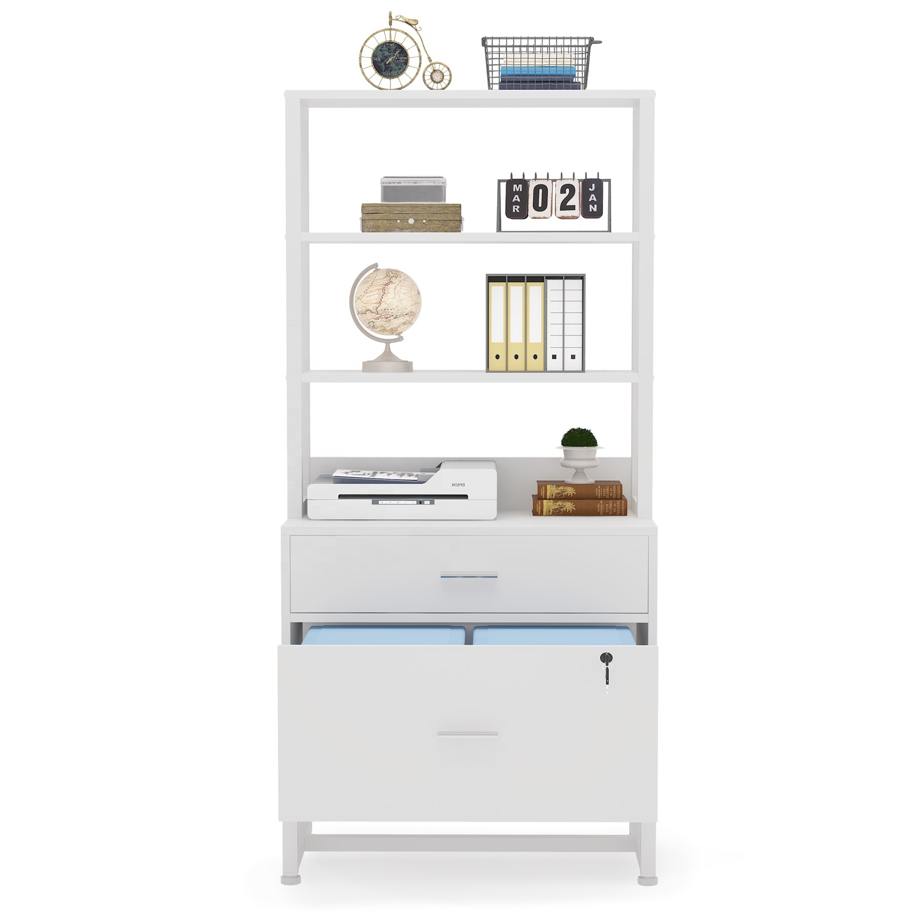 Tribesigns White Printer Stand with Open Storage Shelves 2-Drawer Lock Wood File Cabinet Mobile Lateral White Filing Cabinets