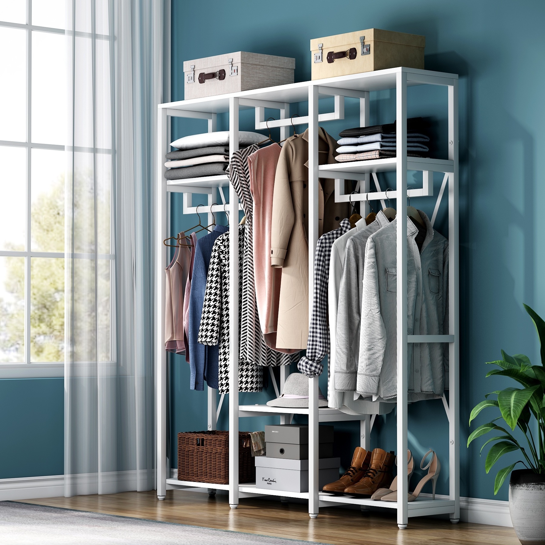 Free Standing 4-Tier Storage Shelf Closet Organizer White 3 Rod Garment Wardrobe Clothes Rack with Shoe Shelves