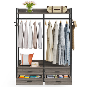 Tribesigns Portable House Hold Bedroom Wooden Closet Storage Organizer Wardrobe with 4 Drawers 8 Hooks and Storage Shelves