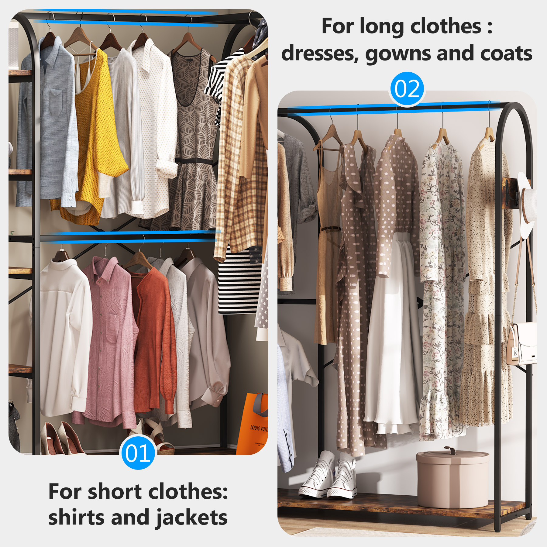 Tribesigns Rustic Wood L-Shaped Clothes Rack, Corner Garment Rack with Storage Shelves Hotel Portable Closet Organizer