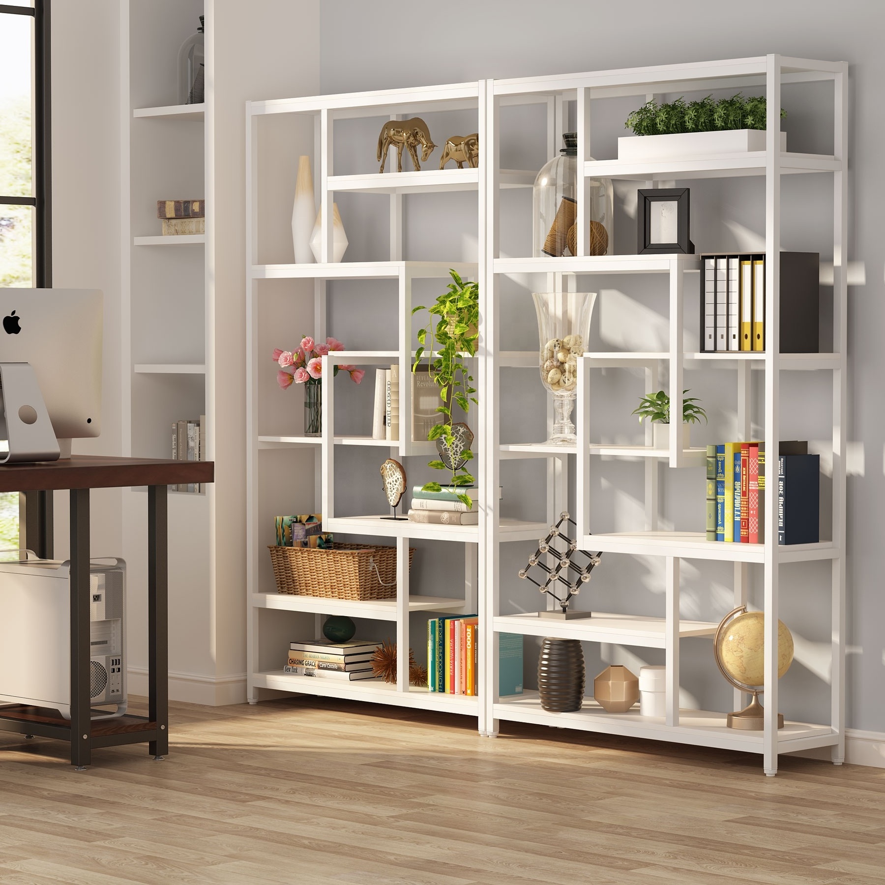 Metal Frame scaffold Industrial White Standing Modern Office Bookcase with 8 Tier Open Back Book Shelf Unit