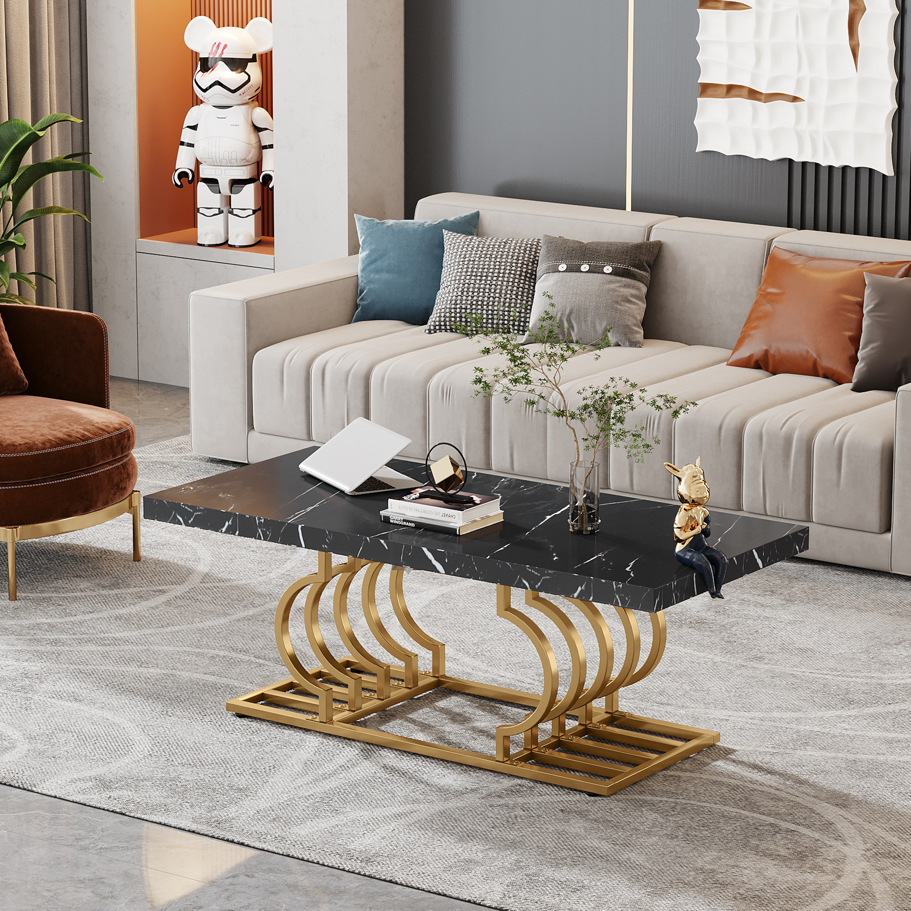 Contemporary modern luxury rectangular 120cm wooden black faux marble top coffee table with gold geometric frame