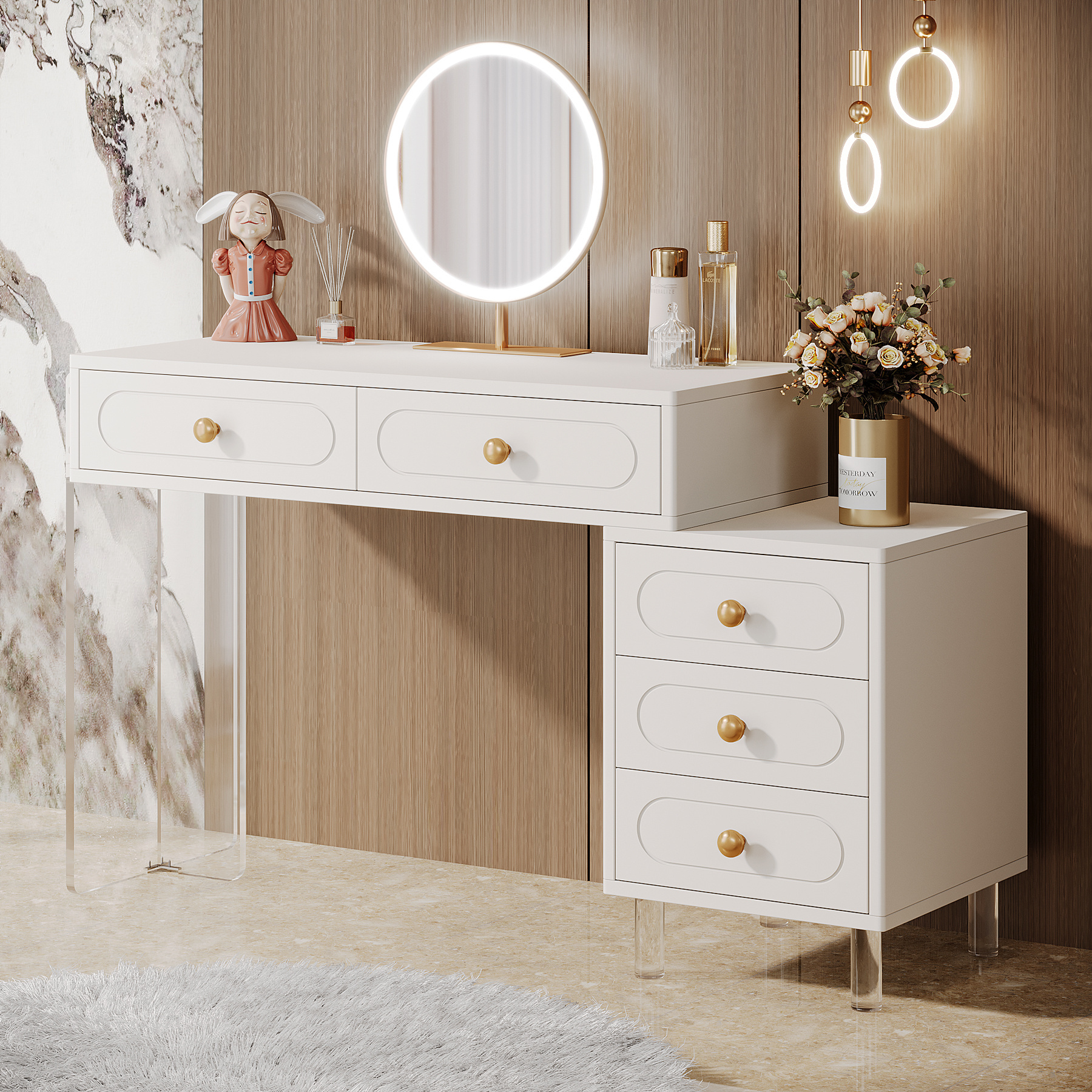 Tribesigns Extendable Wooden Desk with 5-Drawer and Acrylic Base and Legs Without Mirror Modern Makeup Vanity Table