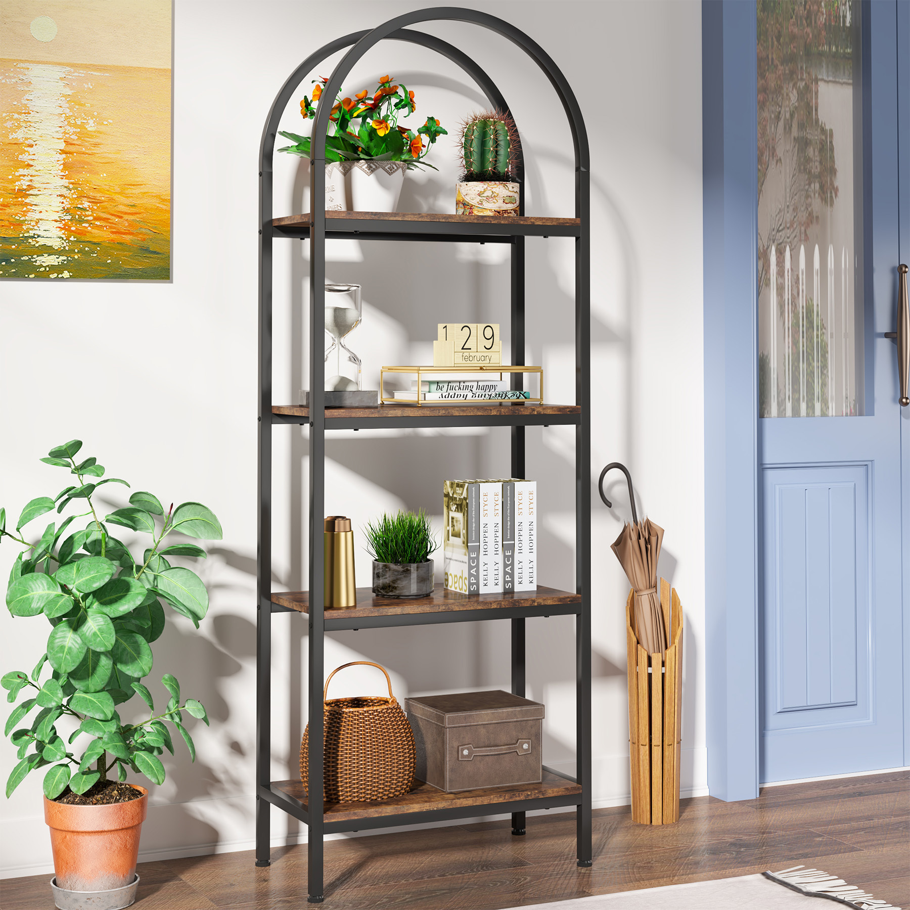 Tribresigns Wooden Arched Tall Open Bookshelf Etagere Freestanding Display Rack with Large place and Load Capacity