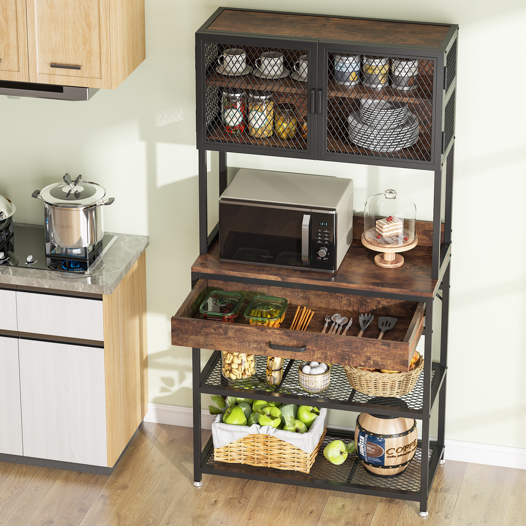 Tribesigns Kitchen Baker's Rack, Microwave Oven storage racks  with Hutch and Drawer