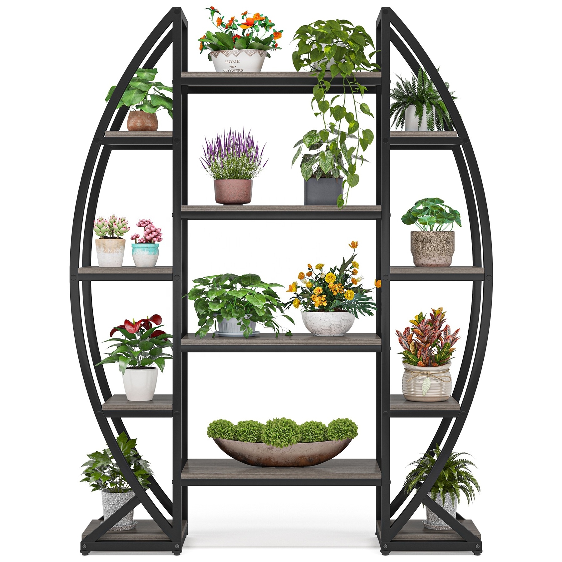 Tribesigns Creative Half-Moon Shaped  Gray Plant Shelf 5 Tier Indoor Plant Stand  for Living Room Balcony Patio Garden