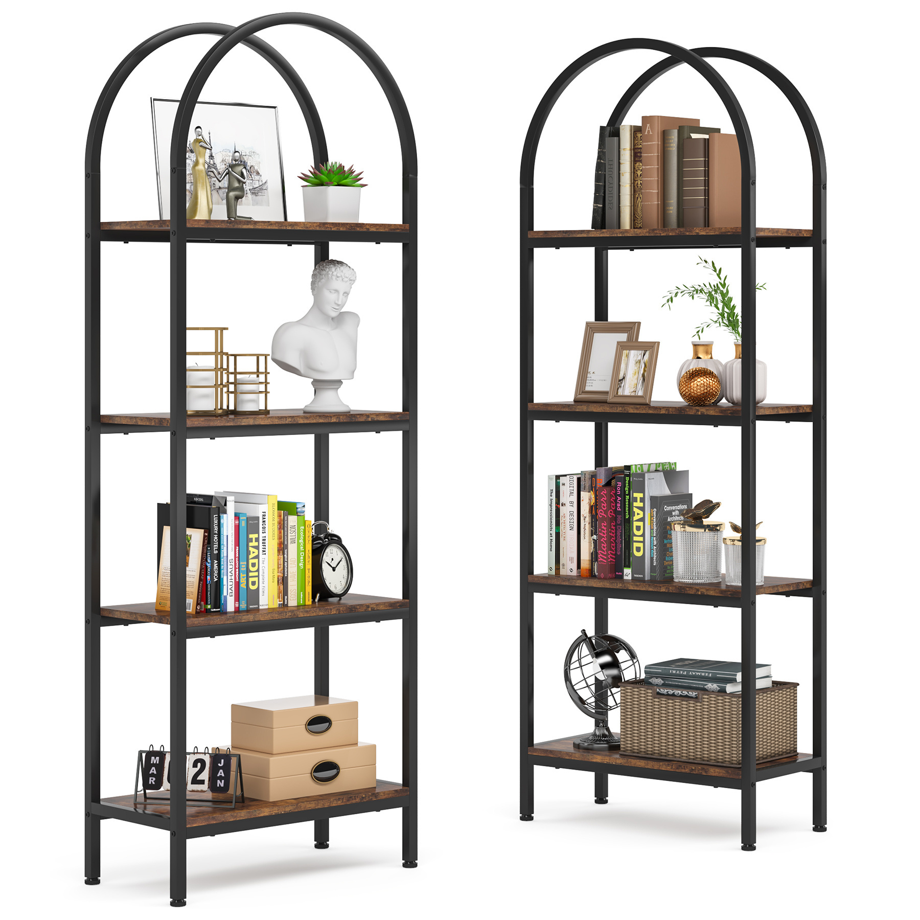 Tribresigns Wooden Arched Tall Open Bookshelf Etagere Freestanding Display Rack with Large place and Load Capacity