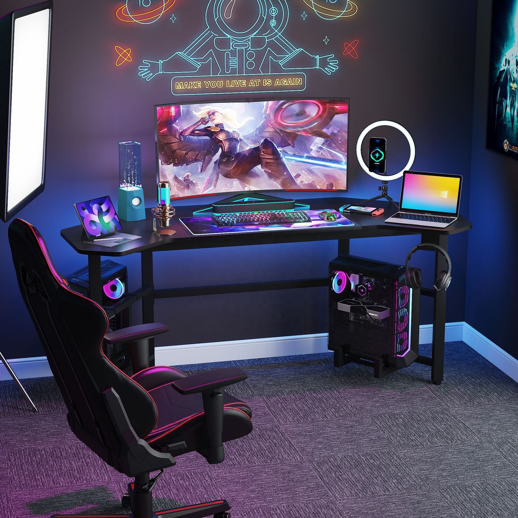 Tribesigns 66.5 inch Large Wing-Shaped Studio Workstation Gamer Table Ergonomic Gaming Computer PC Desk