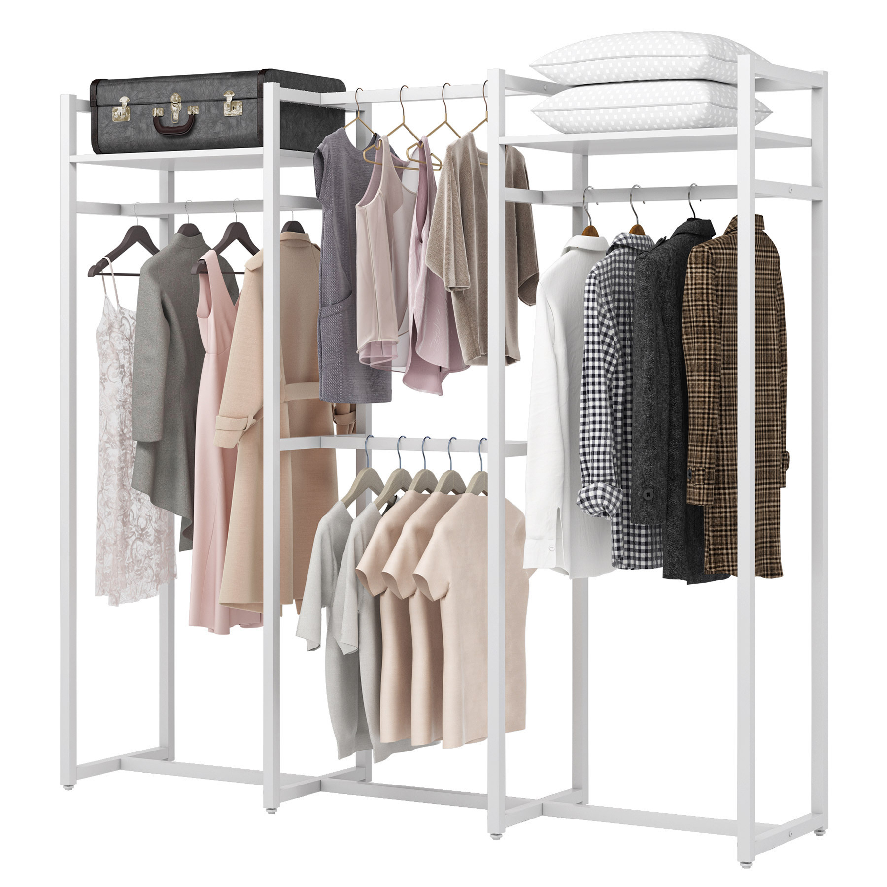 Tribesigns Western Style Home Furniture White Coat Rack Heavy Duty Clothes Rack with Hanging Rob and 2 Top Storage Board