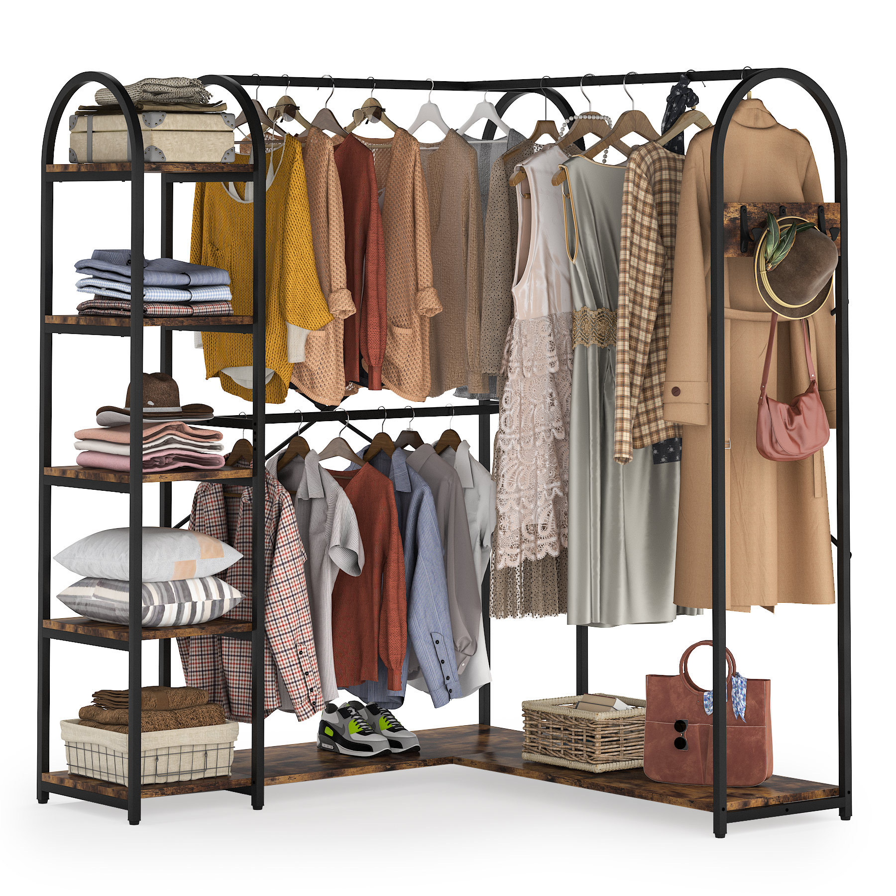 Wooden Closet Hanging Organizer Garment Rack L Shape Clothes Rack Corner With Storage Shelves