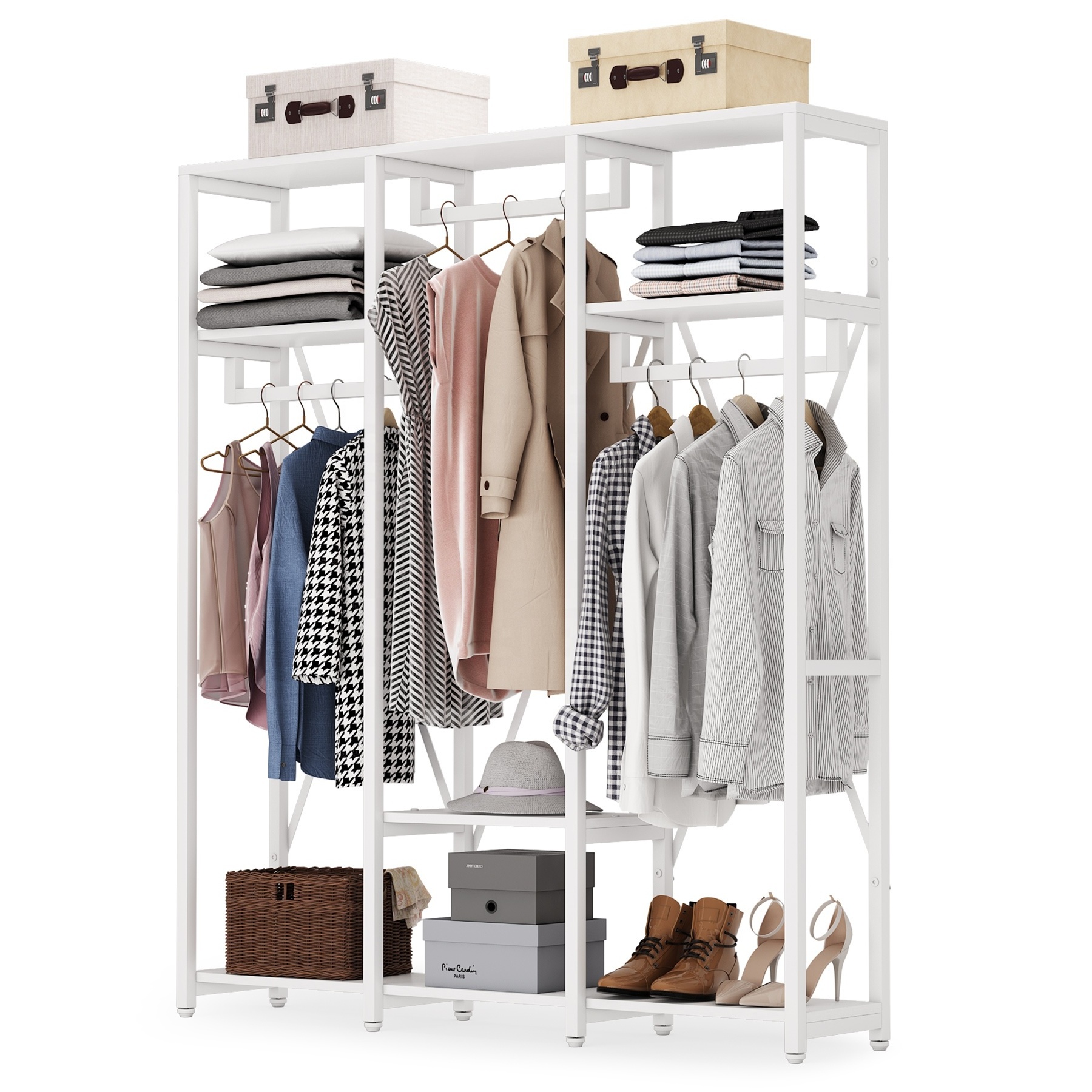 Free Standing 4-Tier Storage Shelf Closet Organizer White 3 Rod Garment Wardrobe Clothes Rack with Shoe Shelves