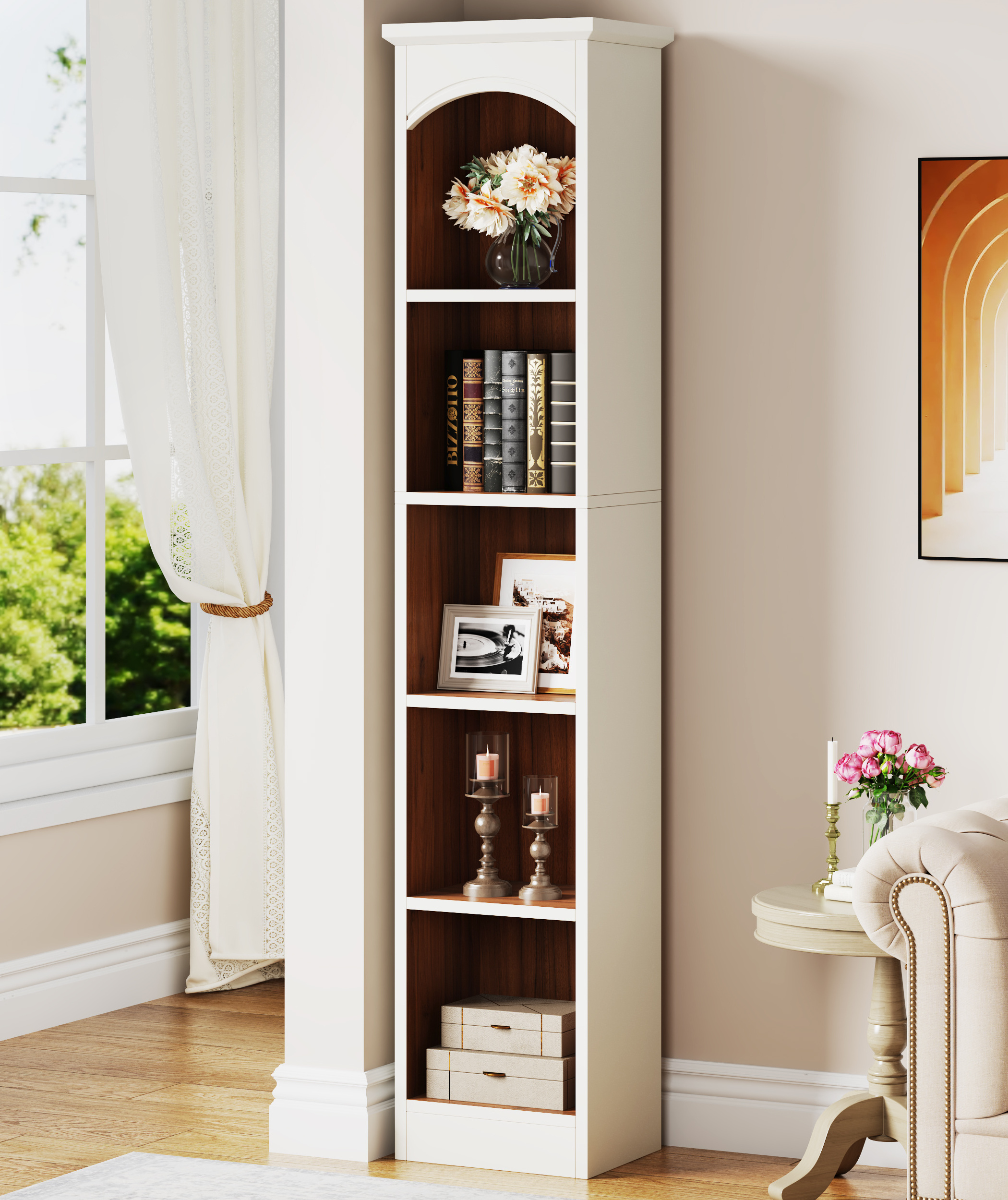 Modern classic white narrow tall 5 tier wooden display bookcase with open storage shelves floor standing type