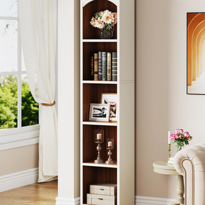 Modern classic white narrow tall 5 tier wooden display bookcase with open storage shelves floor standing type