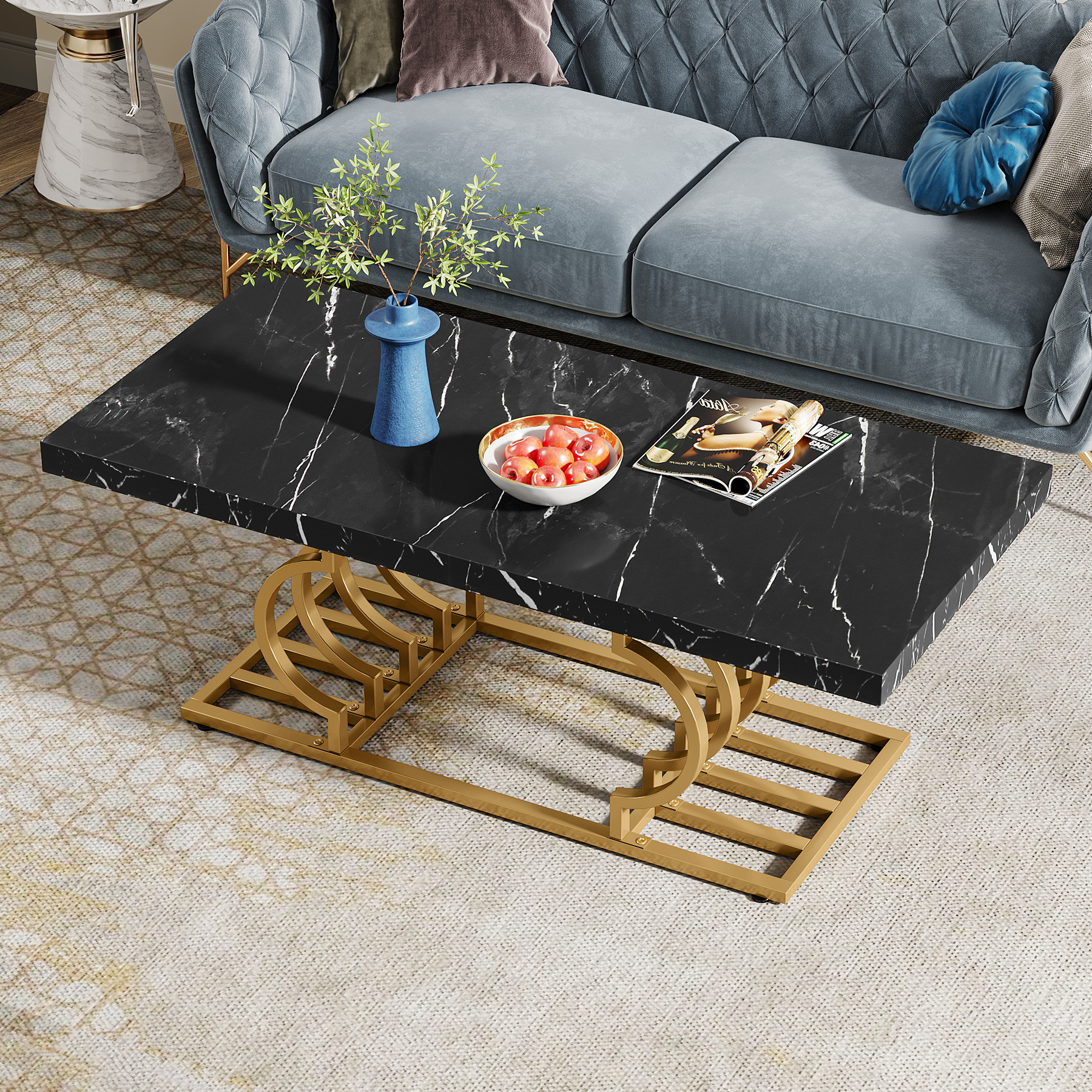 Contemporary modern luxury rectangular 120cm wooden black faux marble top coffee table with gold geometric frame