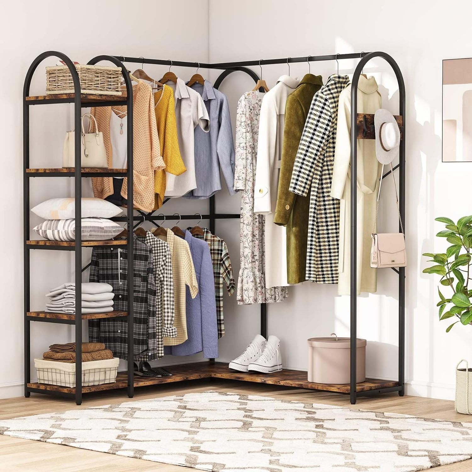 Wooden Closet Hanging Organizer Garment Rack L Shape Clothes Rack Corner With Storage Shelves