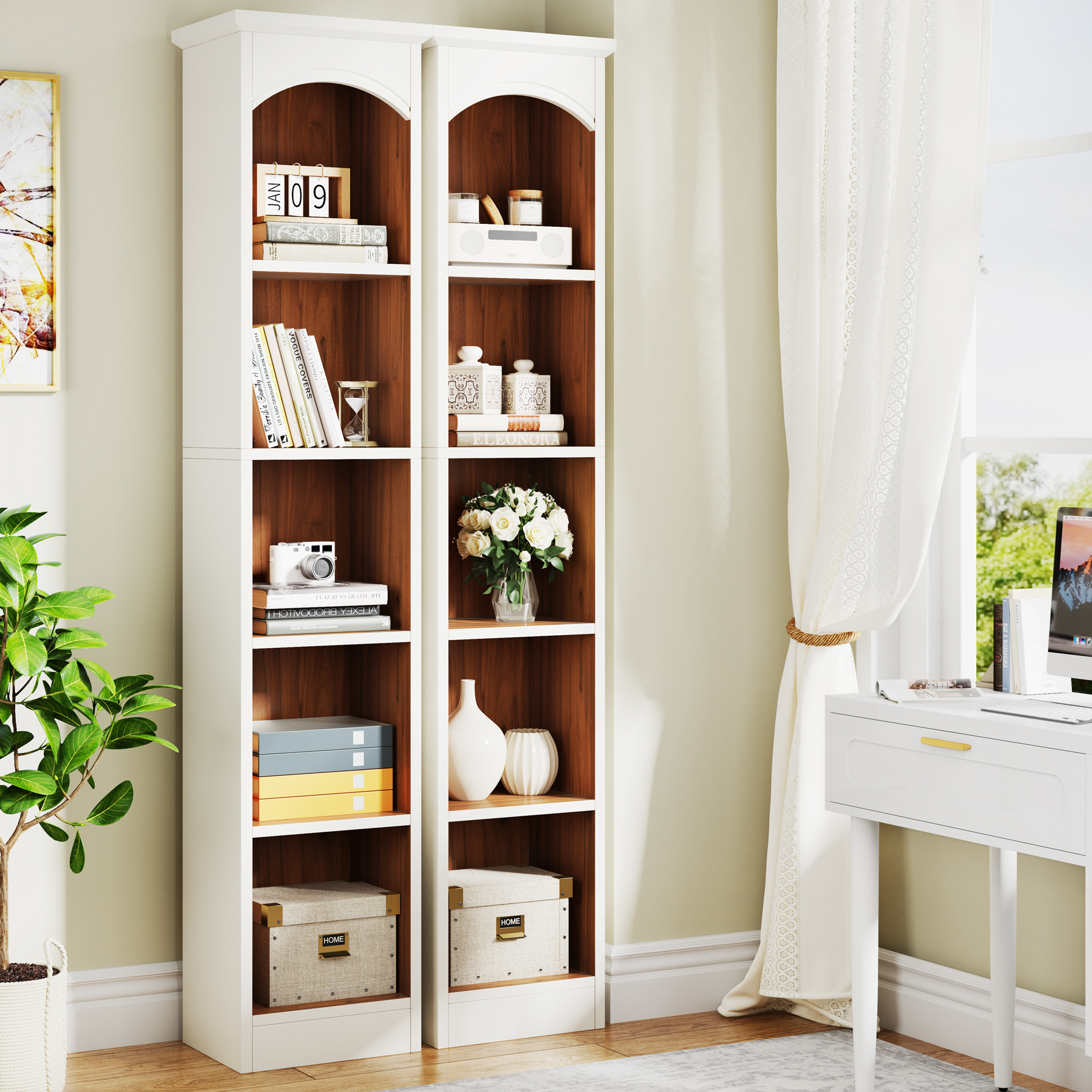 Modern classic white narrow tall 5 tier wooden display bookcase with open storage shelves floor standing type