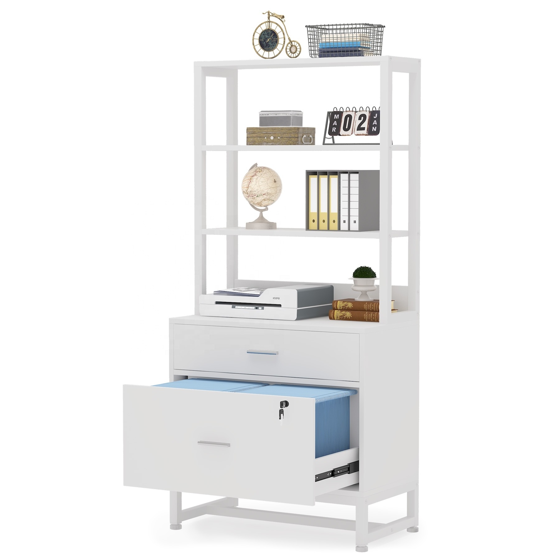 Tribesigns White Printer Stand with Open Storage Shelves 2-Drawer Lock Wood File Cabinet Mobile Lateral White Filing Cabinets