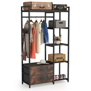 Tribesigns Freestanding Hanging Clothing Wardrobe Storage Closet Organizer Clothes Garment Rack with Drawers and Shelves