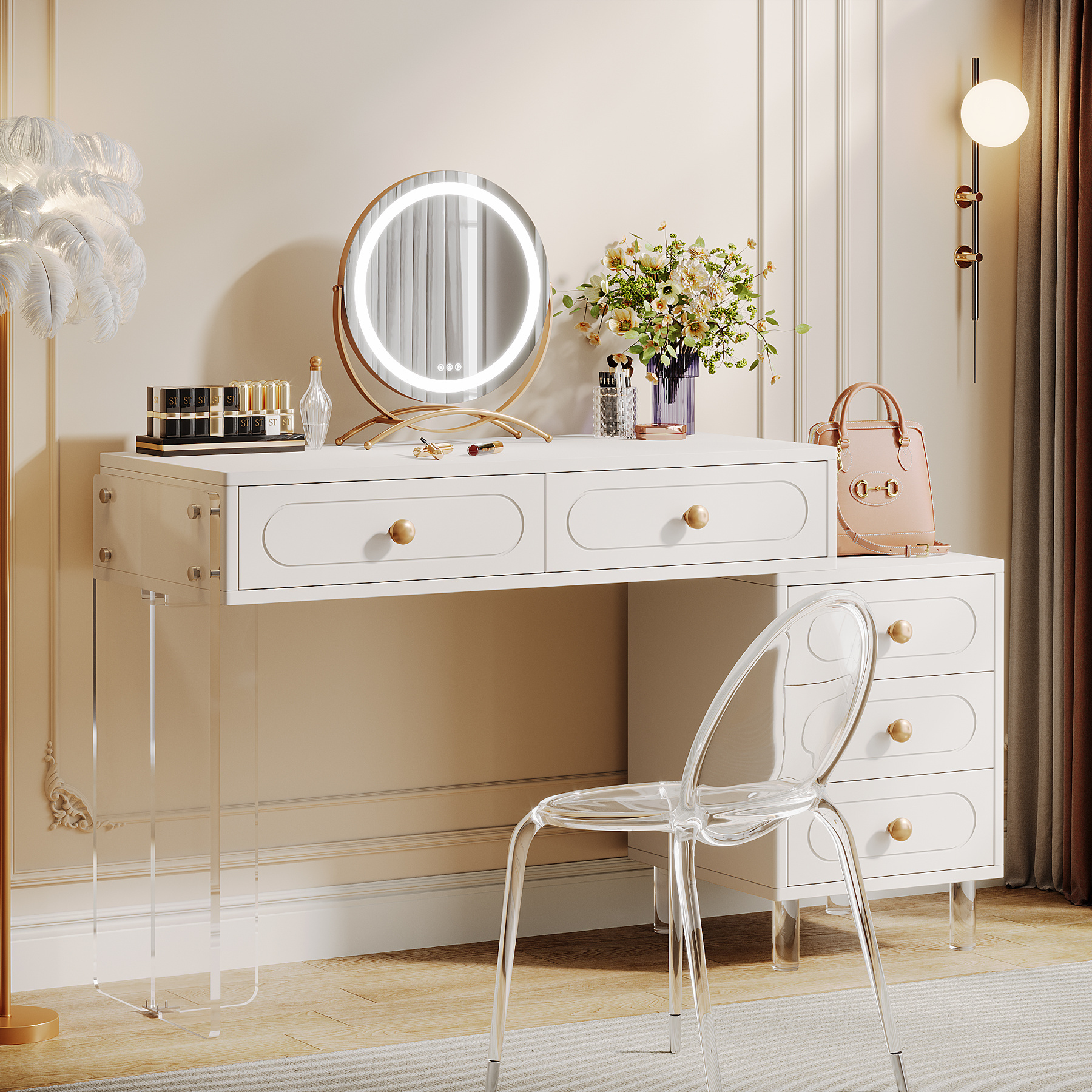 Tribesigns Extendable Wooden Desk with 5-Drawer and Acrylic Base and Legs Without Mirror Modern Makeup Vanity Table